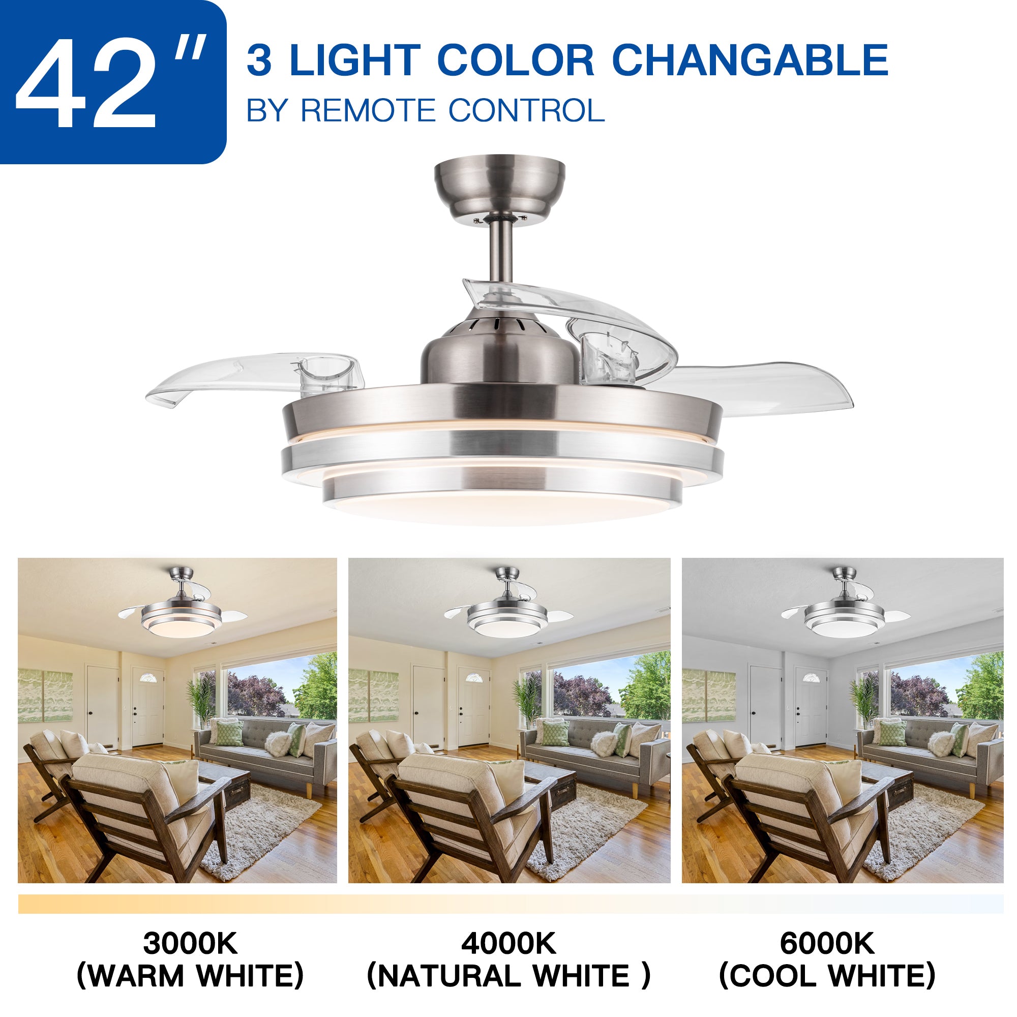 42 Inch Retractable Ceiling Fan with Remote Control and LED Light