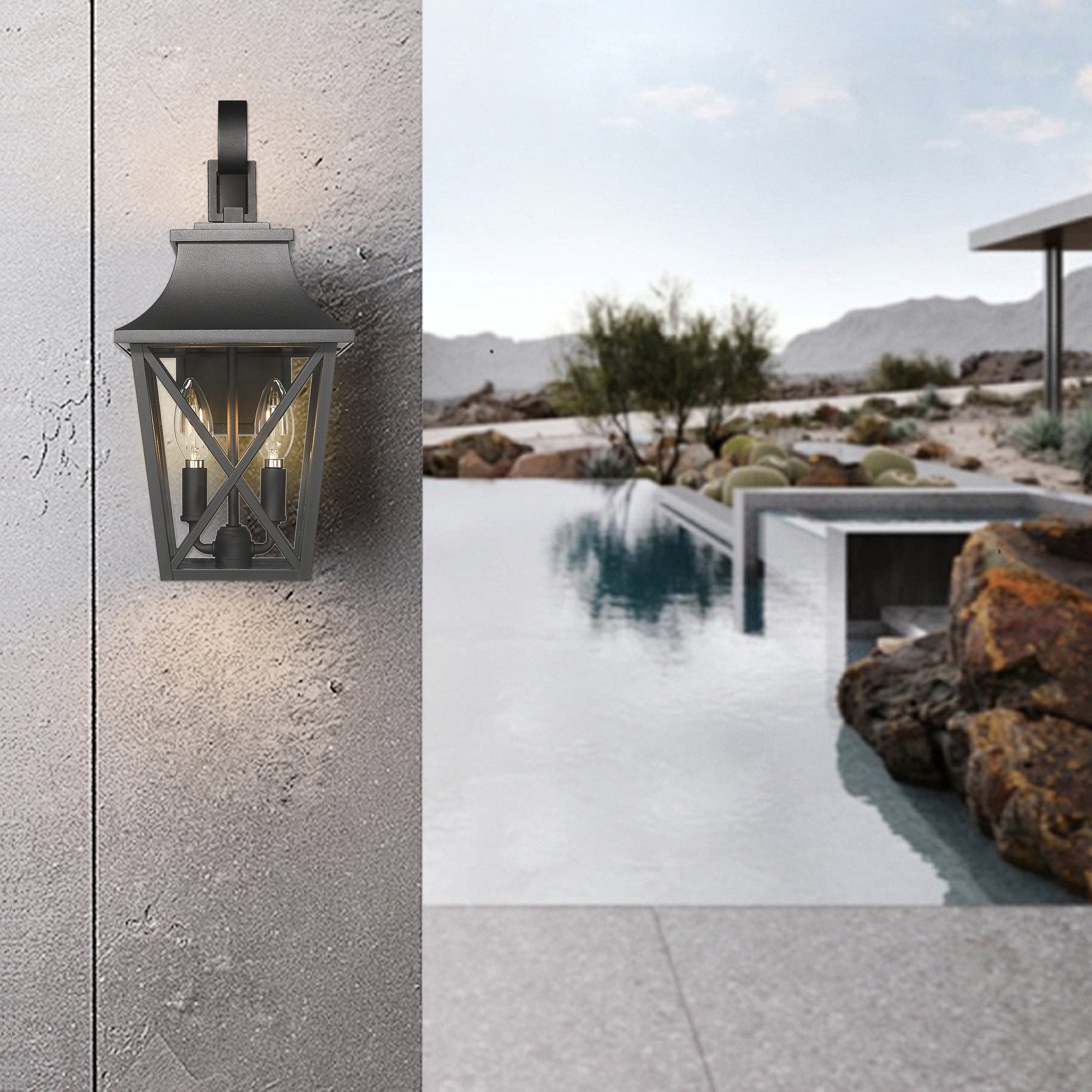 Black Outdoor Wall Lantern 2-Pack - Large Modern Porch Light with Glass Shade