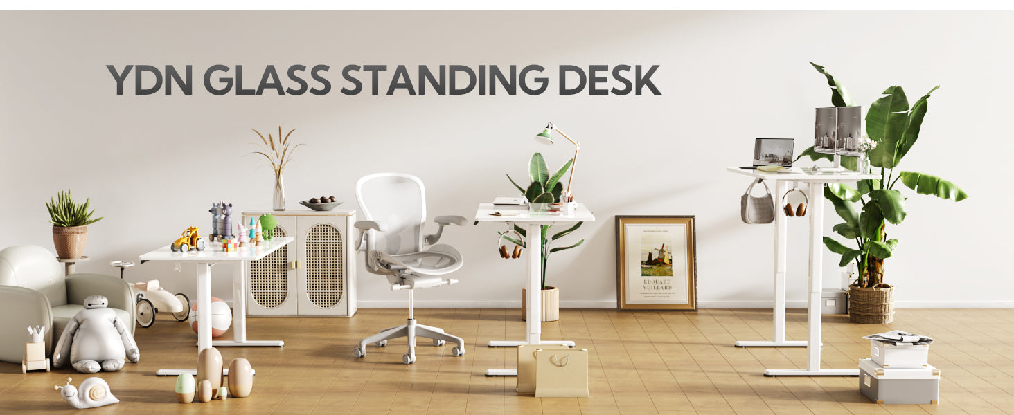 48" Electric Standing Desk with White Glass Top - Quick Assembly, Height Adjustable, T-Shape Base