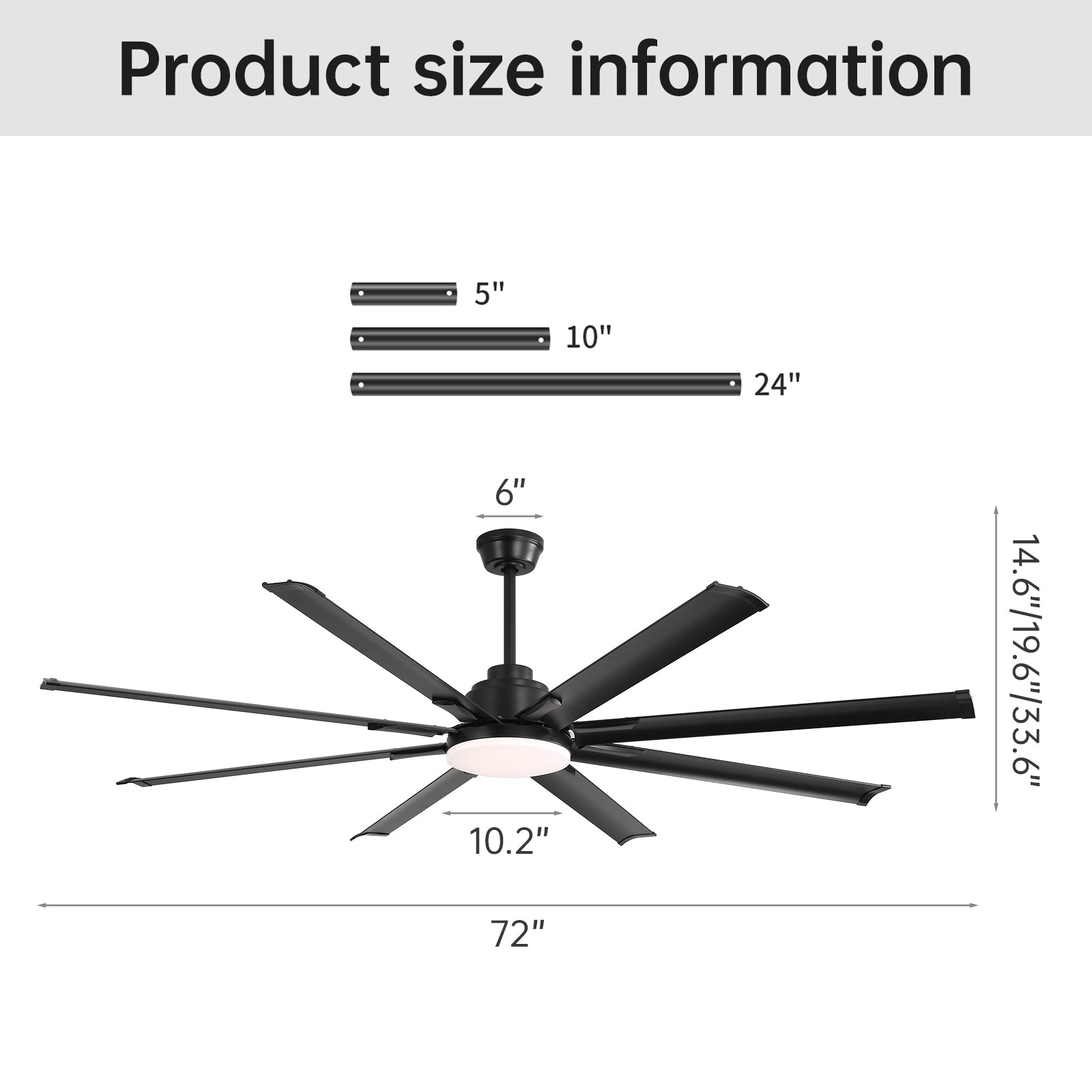 72 Inch Large Ceiling Fan with Remote Control - DC Motor Smart Fan for Living Room, 6 Speed Black Modern Design