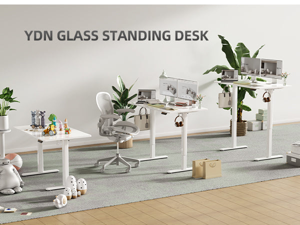 48" Electric Standing Desk with White Glass Top - Quick Assembly, Height Adjustable, T-Shape Base