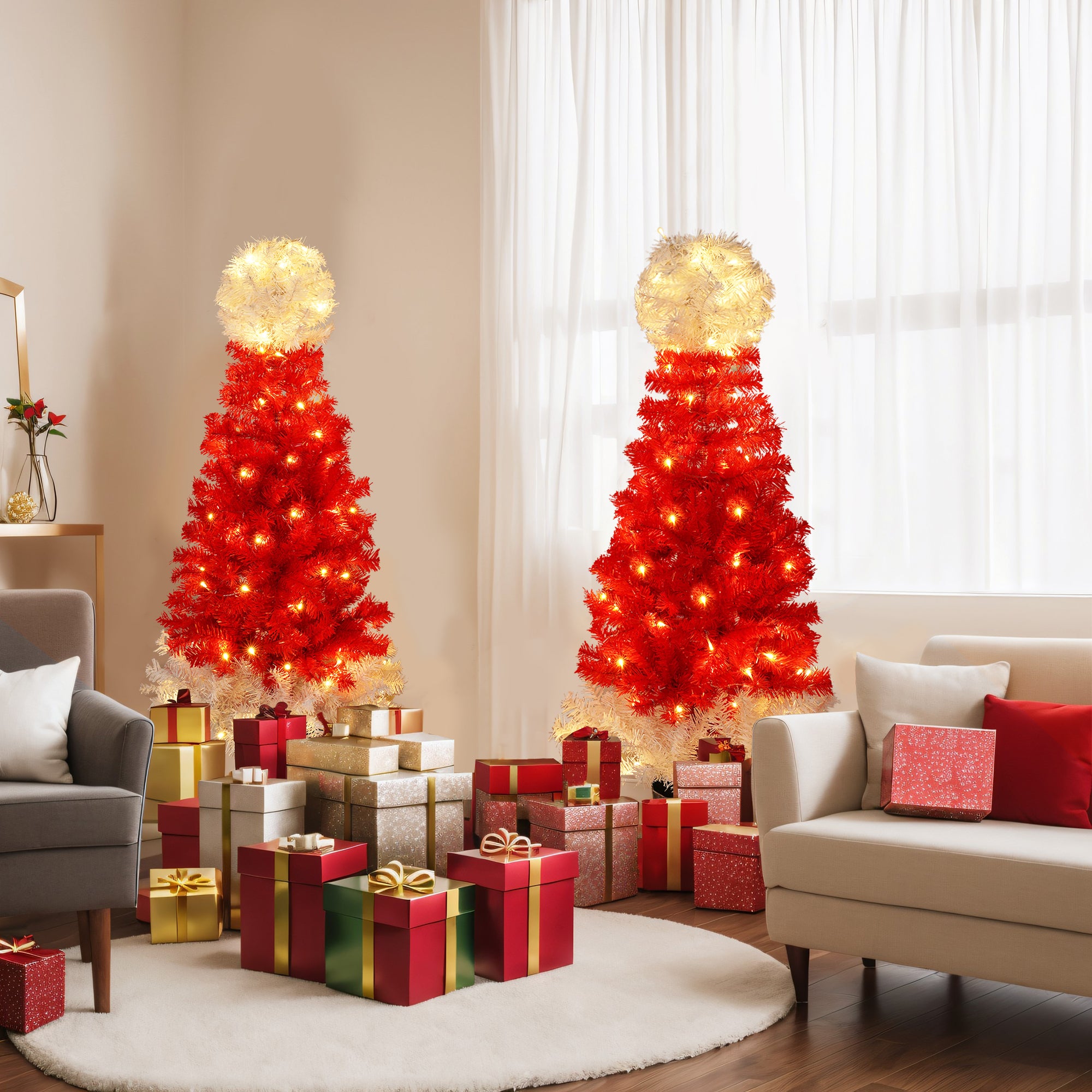 Lighted Santa Hat Style Christmas Tree Set of 2, 4ft Artificial Tree