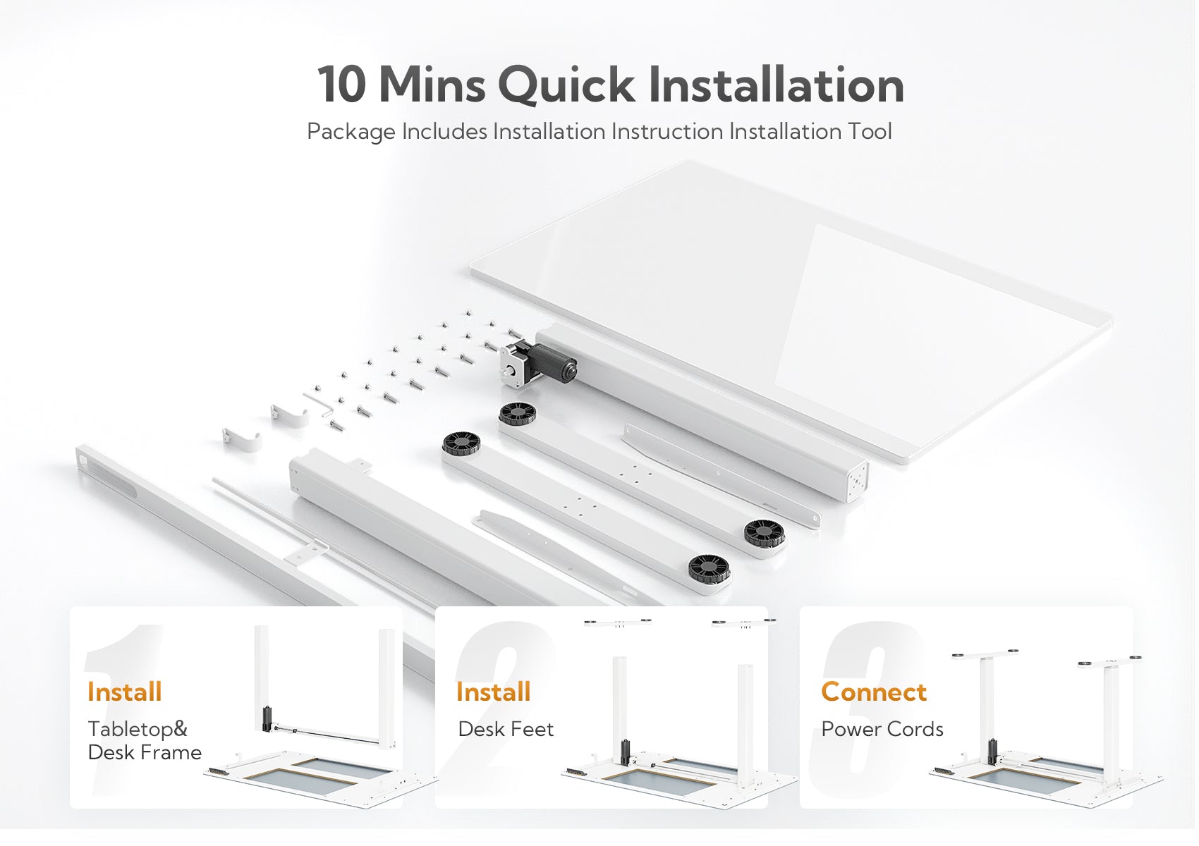 48" Electric Standing Desk with White Glass Top - Quick Assembly, Height Adjustable, T-Shape Base