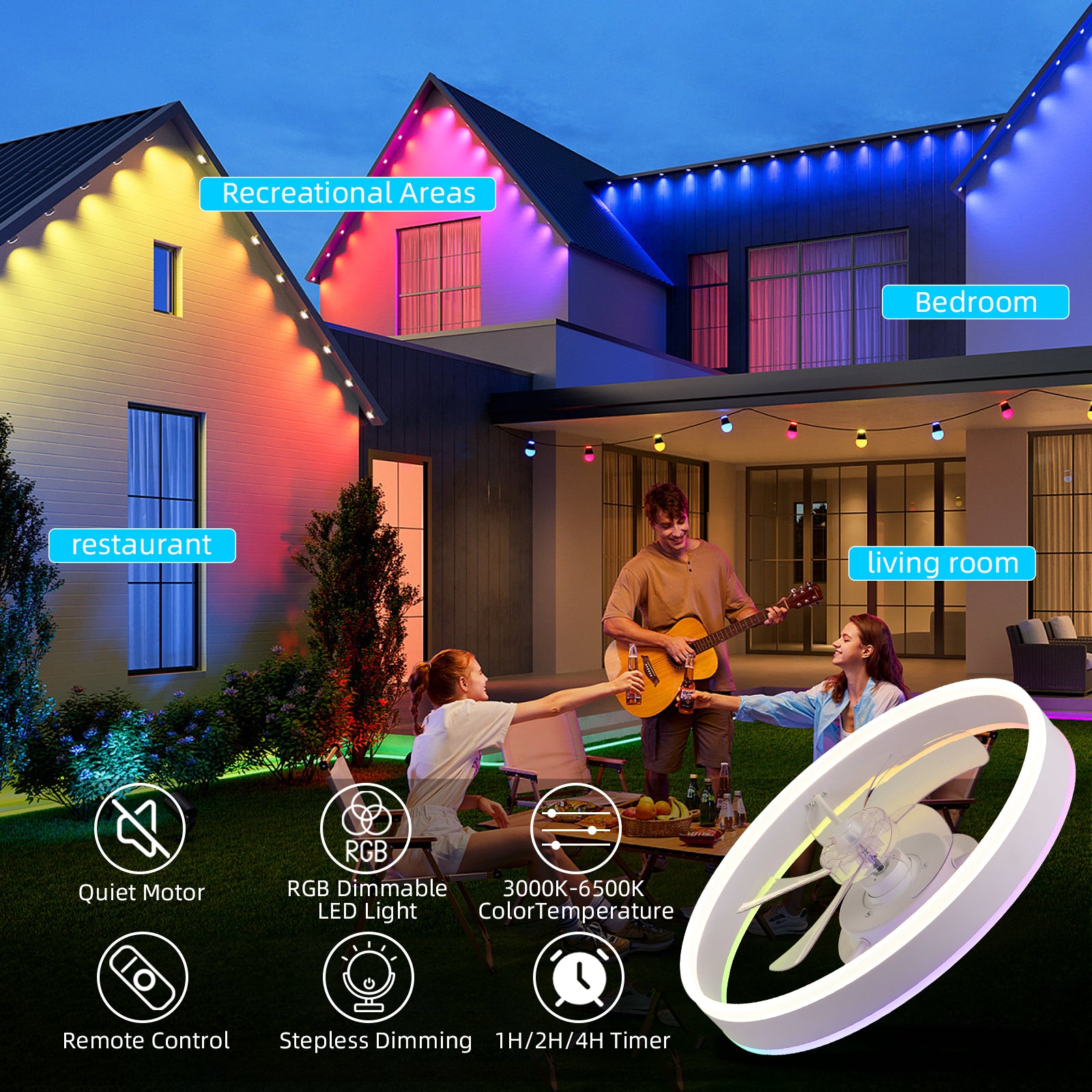 19.7" RGB Ceiling Fan with Light - 6-Speed Reversible Smart Fan with Remote Control