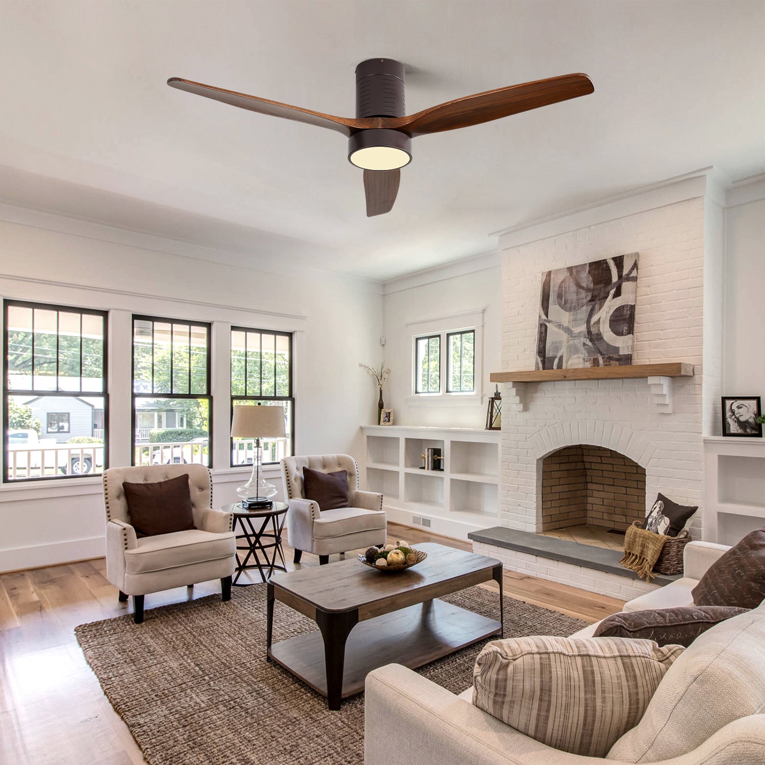 52 Inch Flush Mount Ceiling Fan with LED Light and Remote - Solid Wood Blades
