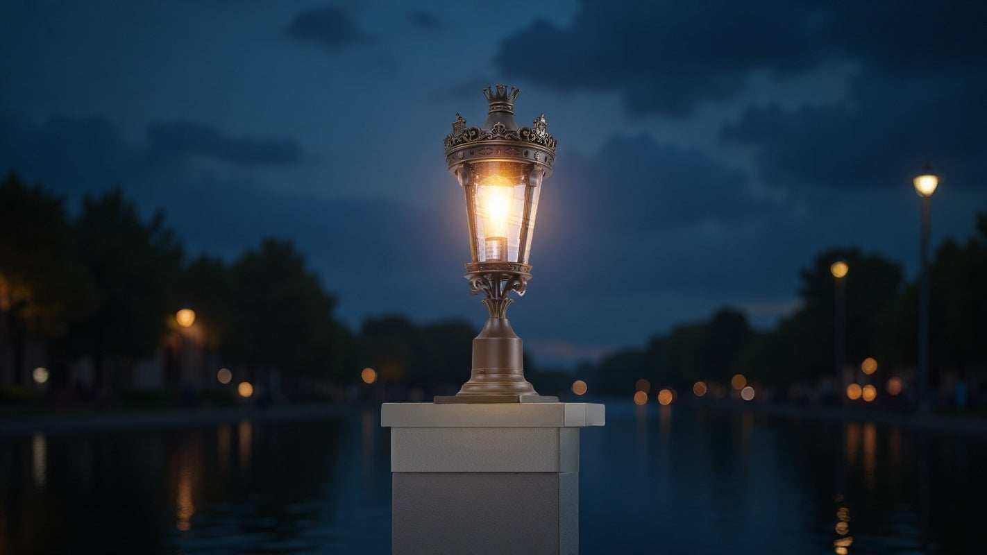 120V Coffee+Golden Vintage Crown Outdoor Post Lantern