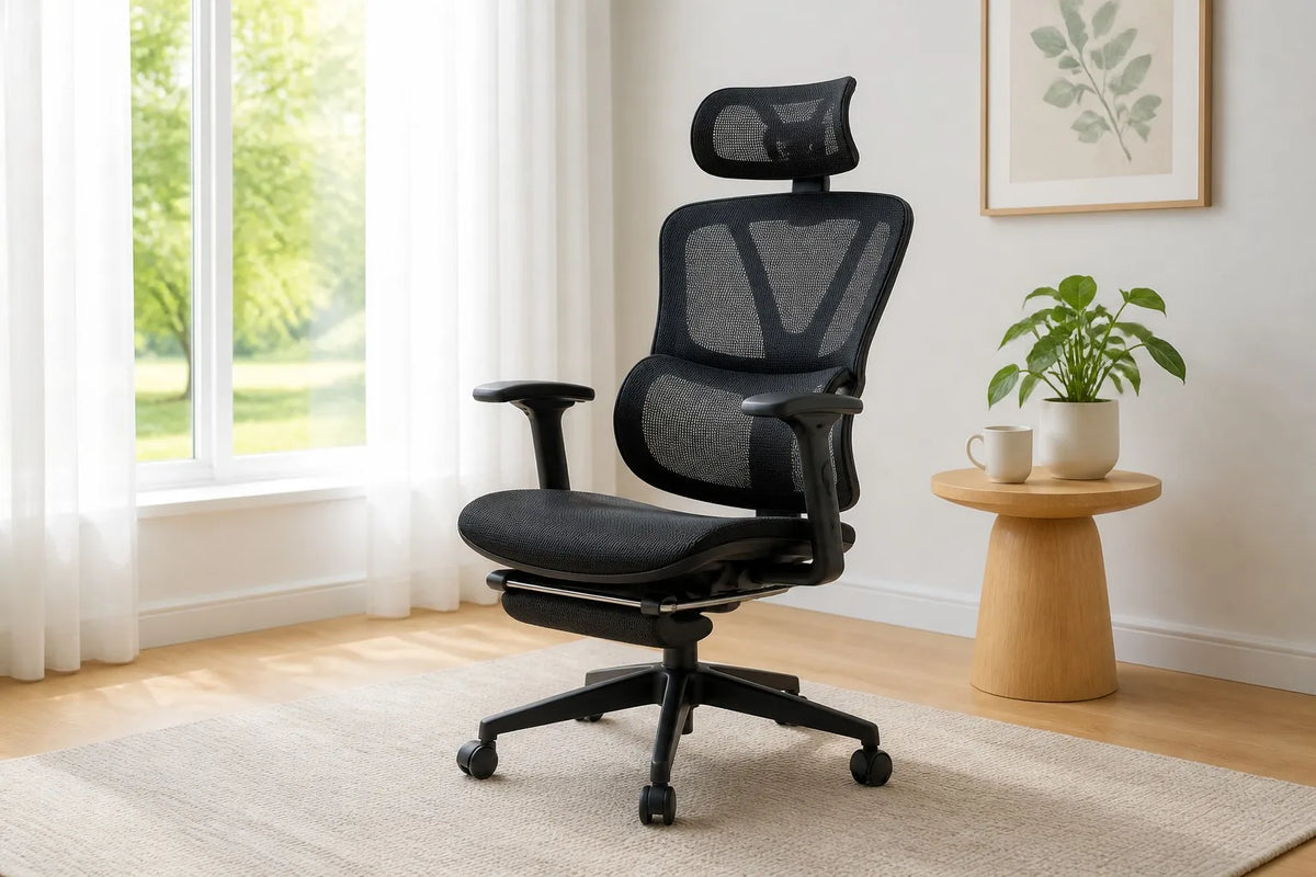 Black mesh ergonomic office chair in a bright sunlit American home office corner