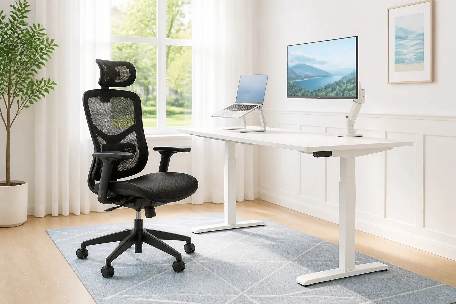 Black mesh ergonomic chair beside a white electric standing desk in a sunny home office