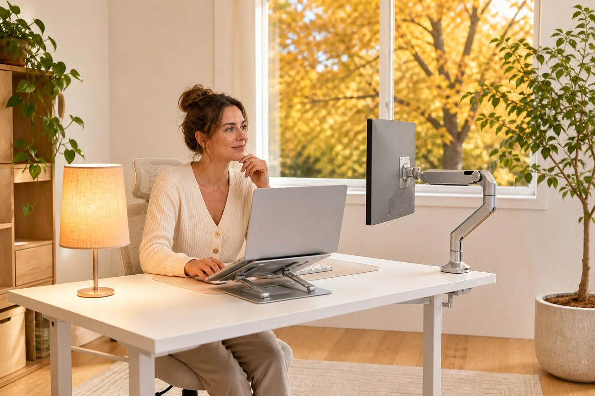 American woman at a desk with warm lamp light and golden fall foliage through the window