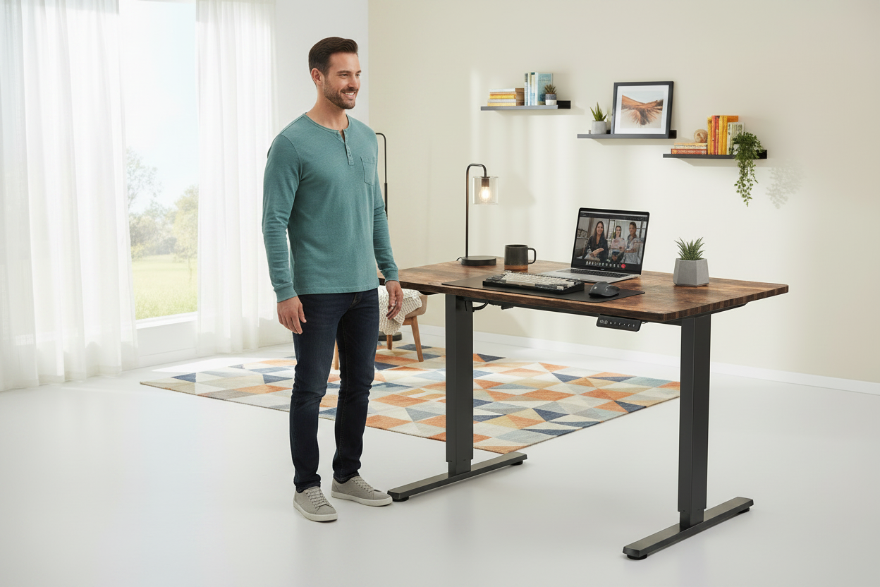 American home office with an electric standing desk for desk exercises