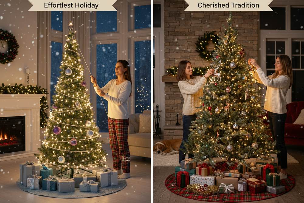 Pop Up Christmas Tree or Traditional Tree Which Makes Decorating Easier
