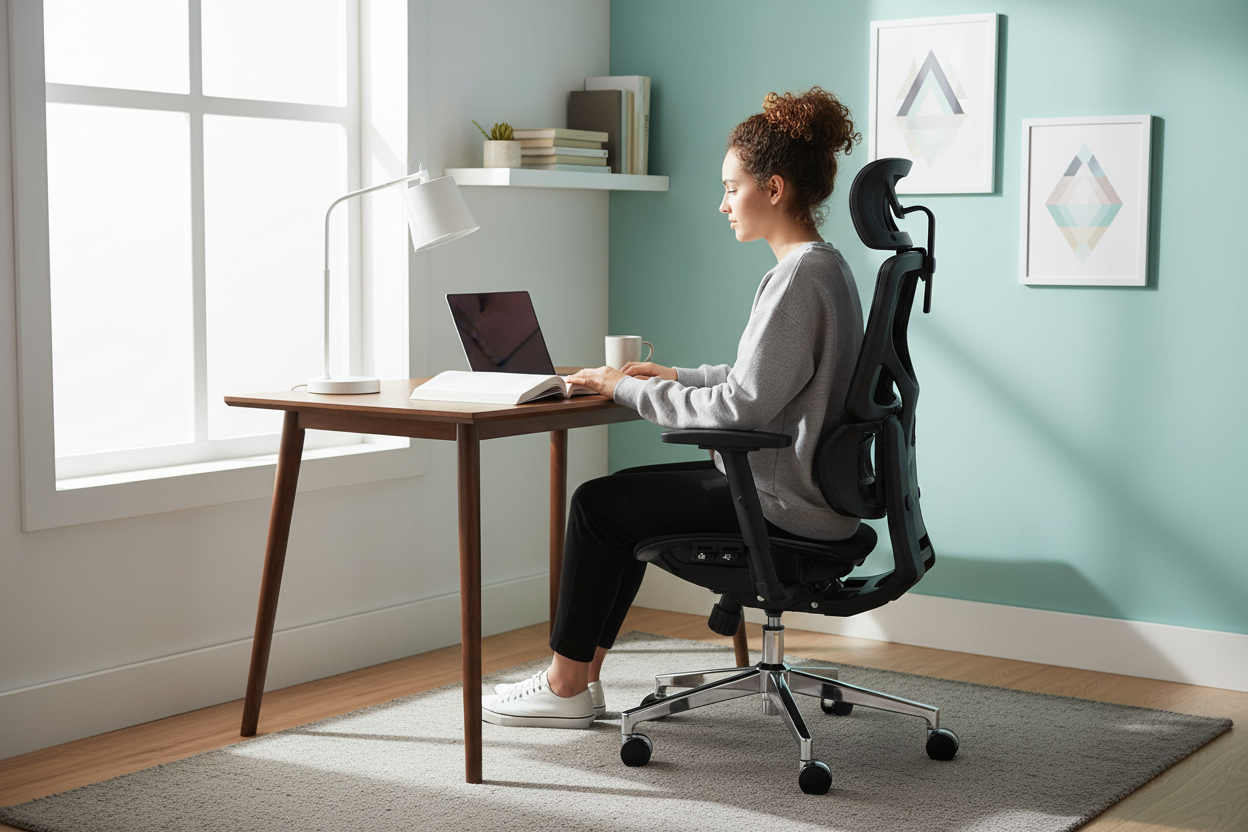 American college student studying in a bright home workspace while seated in a Rackora L1 ergonomic chair