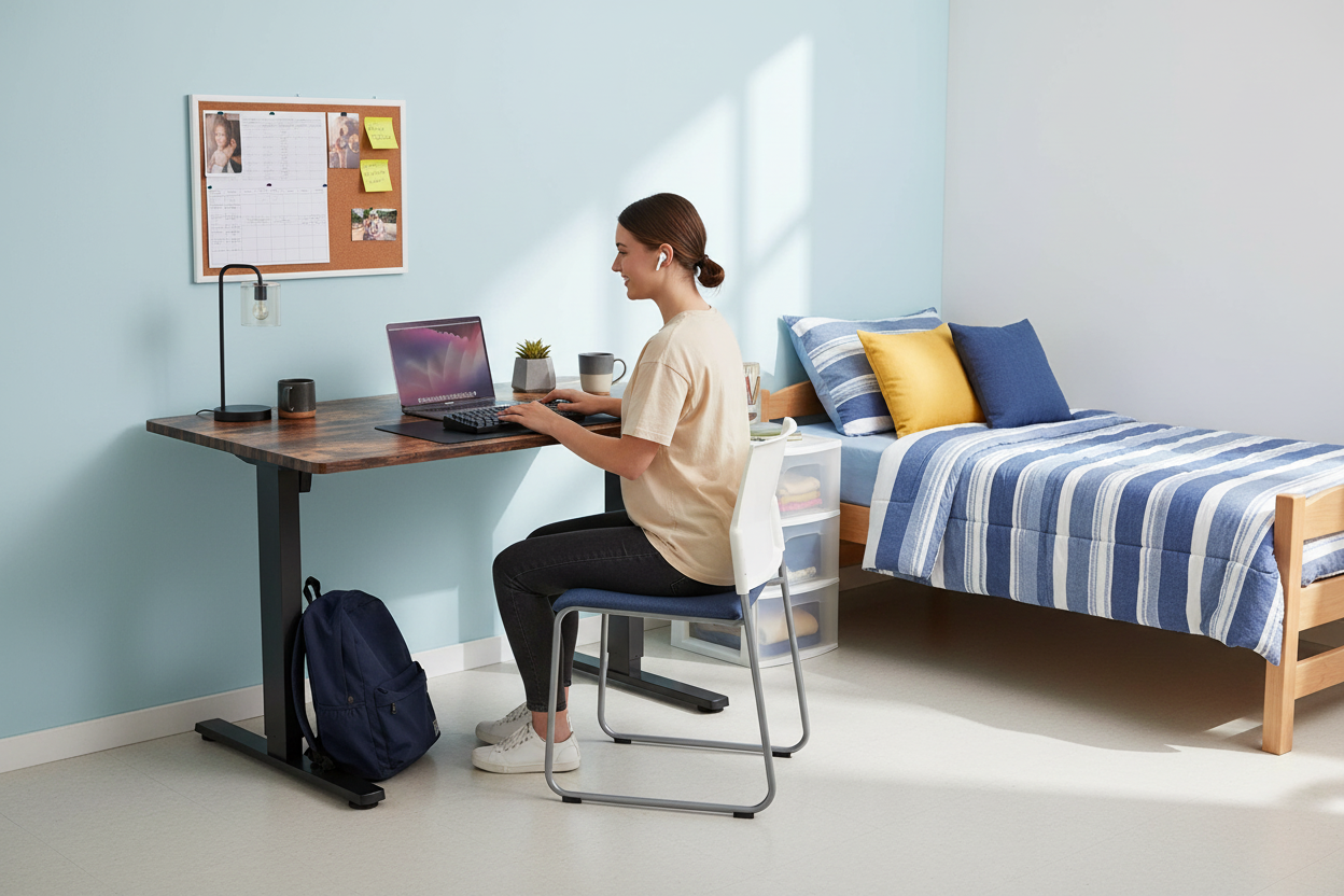 American college student using a Rackora electric standing desk in a bright dorm room