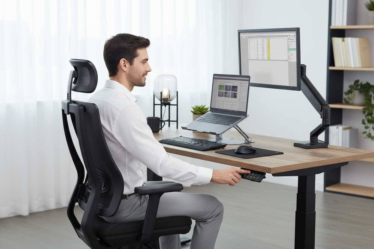 American home office with the electric standing desk control panel facing the seated user