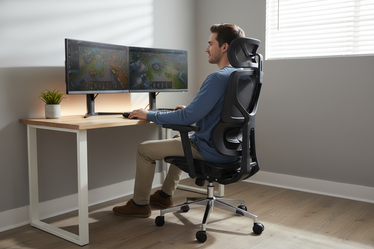 A gamer sitting in the Rackora L1 Ergo Upgrade 518 mesh ergonomic chair at a home office desk