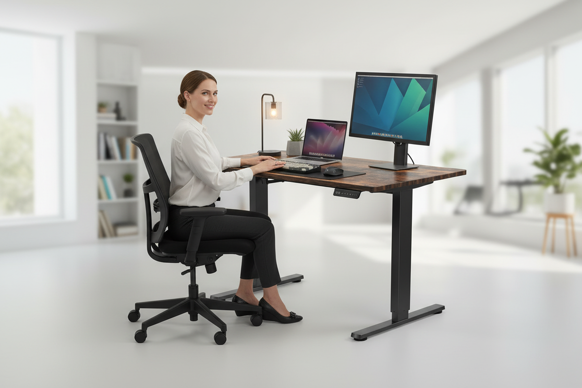 Rackora 40 by 24 electric standing desk with the front-edge keypad facing the user and a powered-on monitor facing the user
