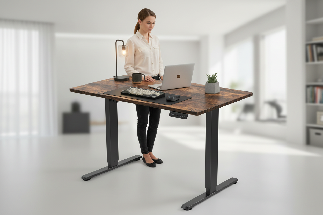American homeowner using a Rackora 40 x 24 electric standing desk with an open laptop facing the user in a bright U.S. home office
