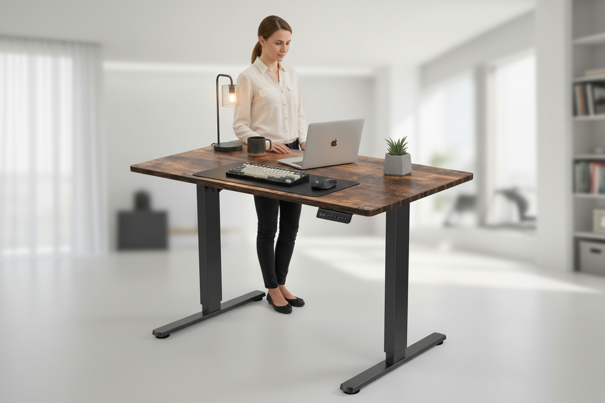 American homeowner using a Rackora 40 x 24 electric standing desk with an open laptop facing the user in a bright U.S. home office