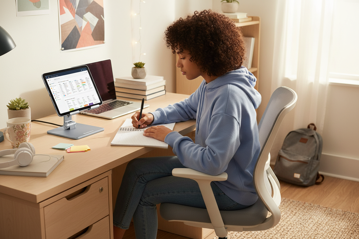 American college student taking notes beside a tablet on a Rackora stand and a laptop in a bright dorm room