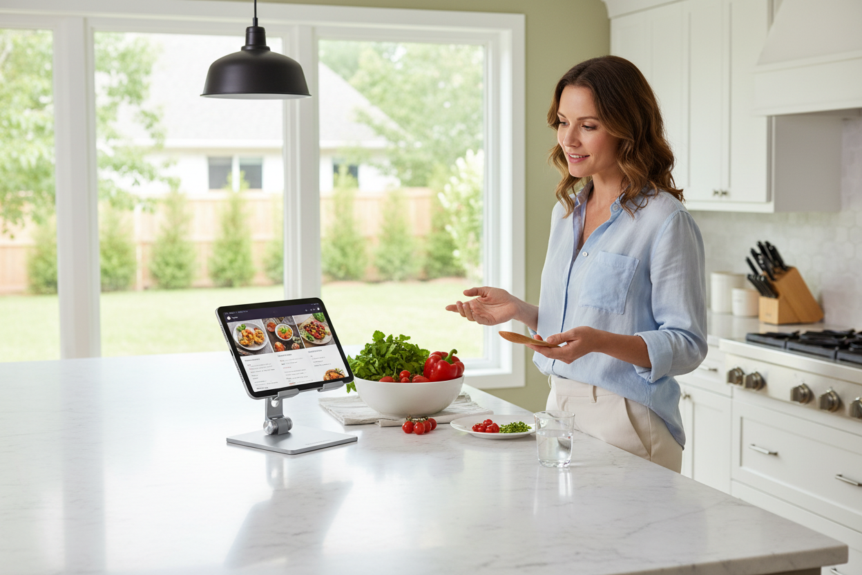 Woman using a tablet on a Rackora stand while cooking in a bright American kitchen