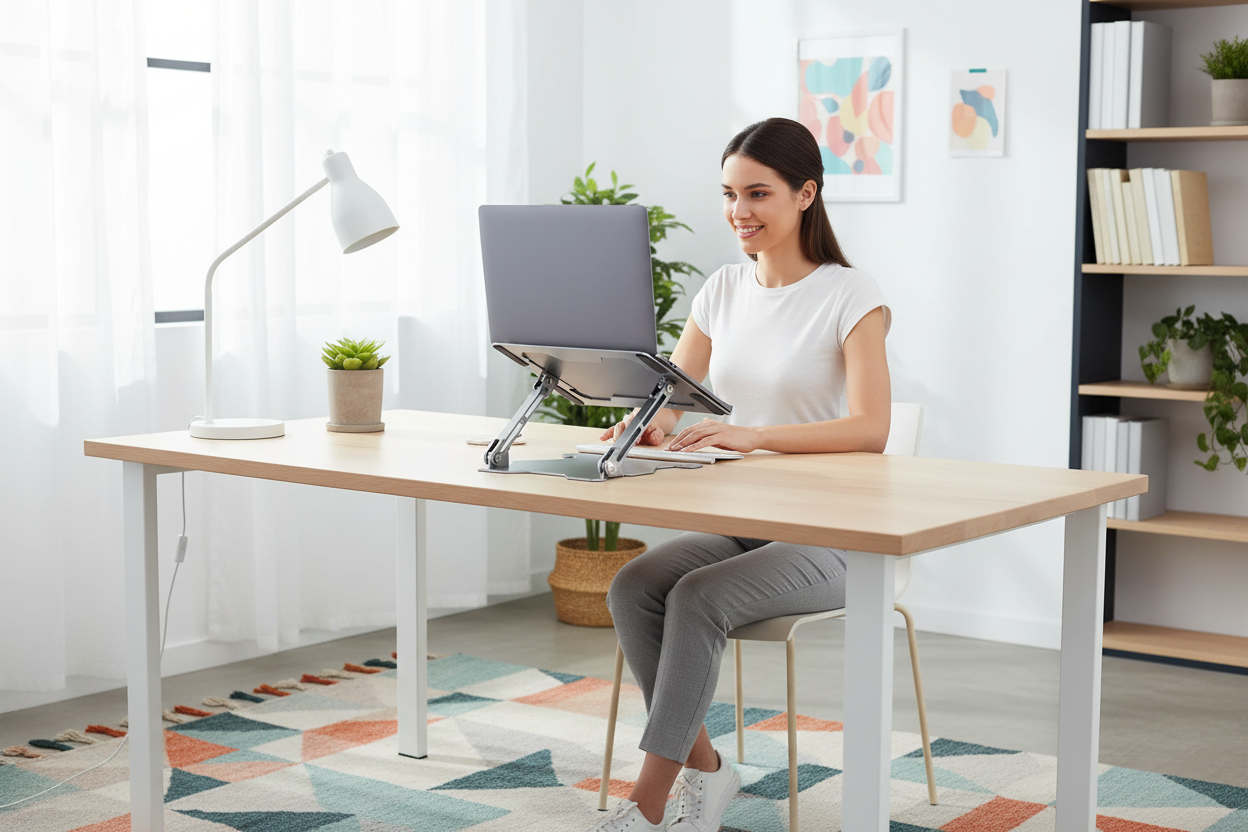 American remote worker using a laptop raised to eye level on a Rackora ergonomic laptop stand in a bright home office