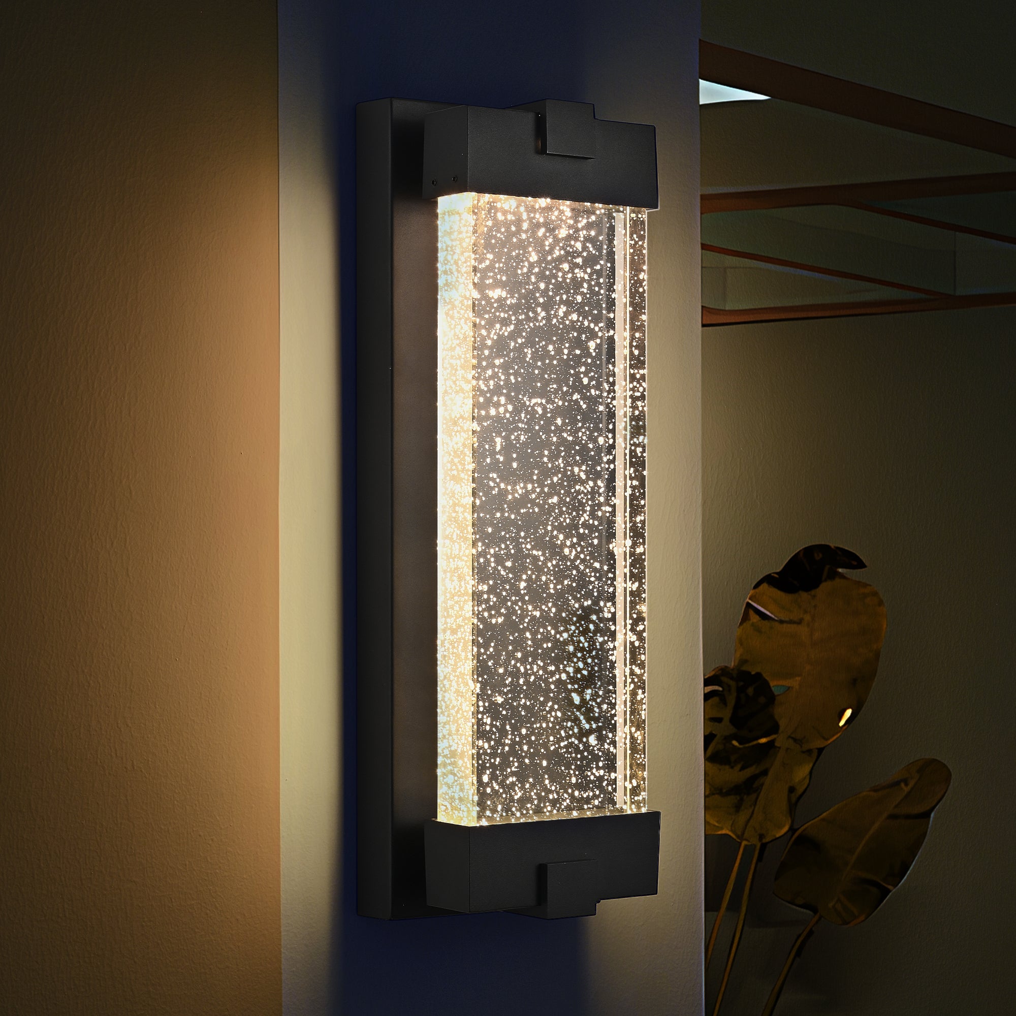 Black Aluminum Finish Outdoor Wall Light with Bubble Crystal Glass 3000K Warm Light