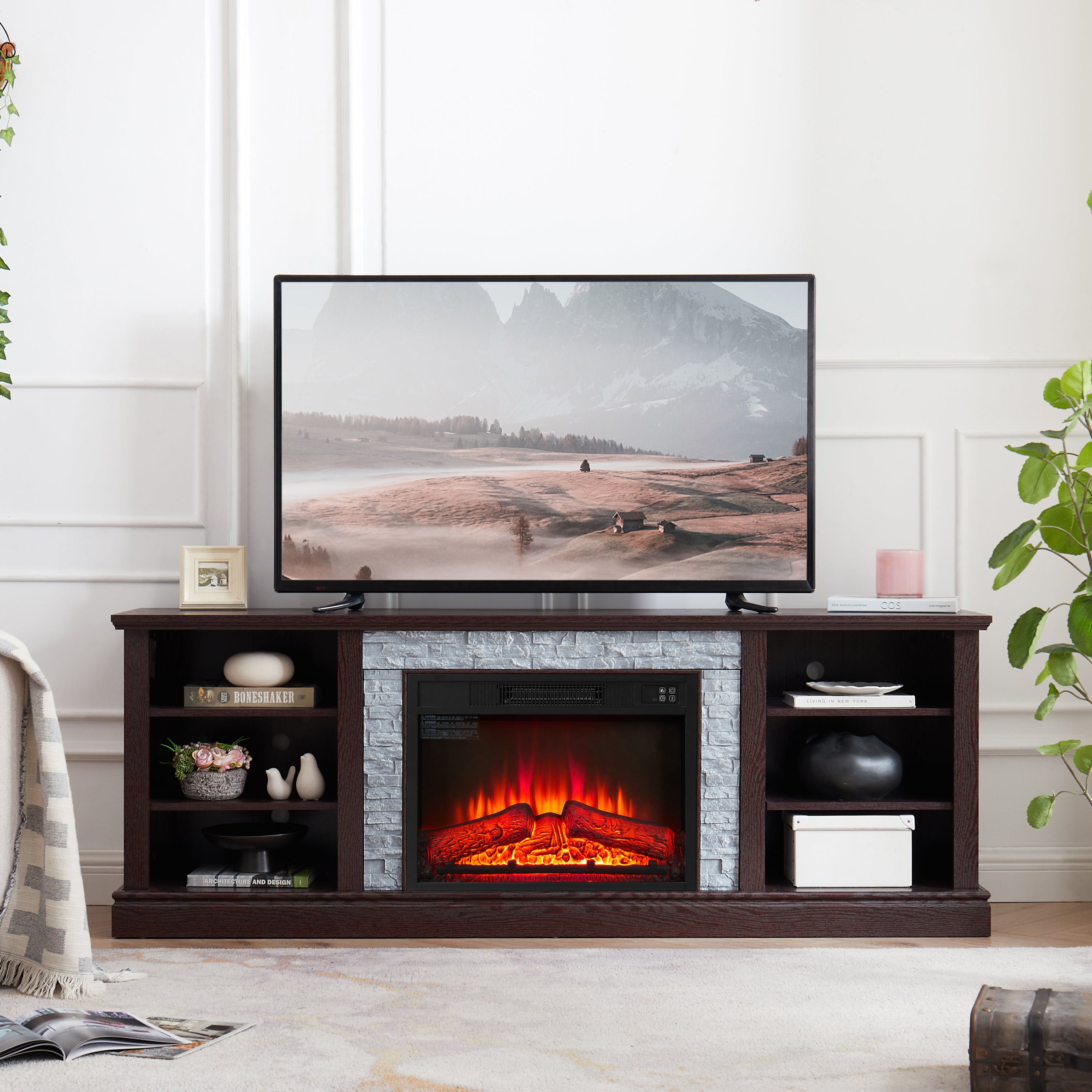 75" Large TV Media Stand with 23" Fireplace Insert