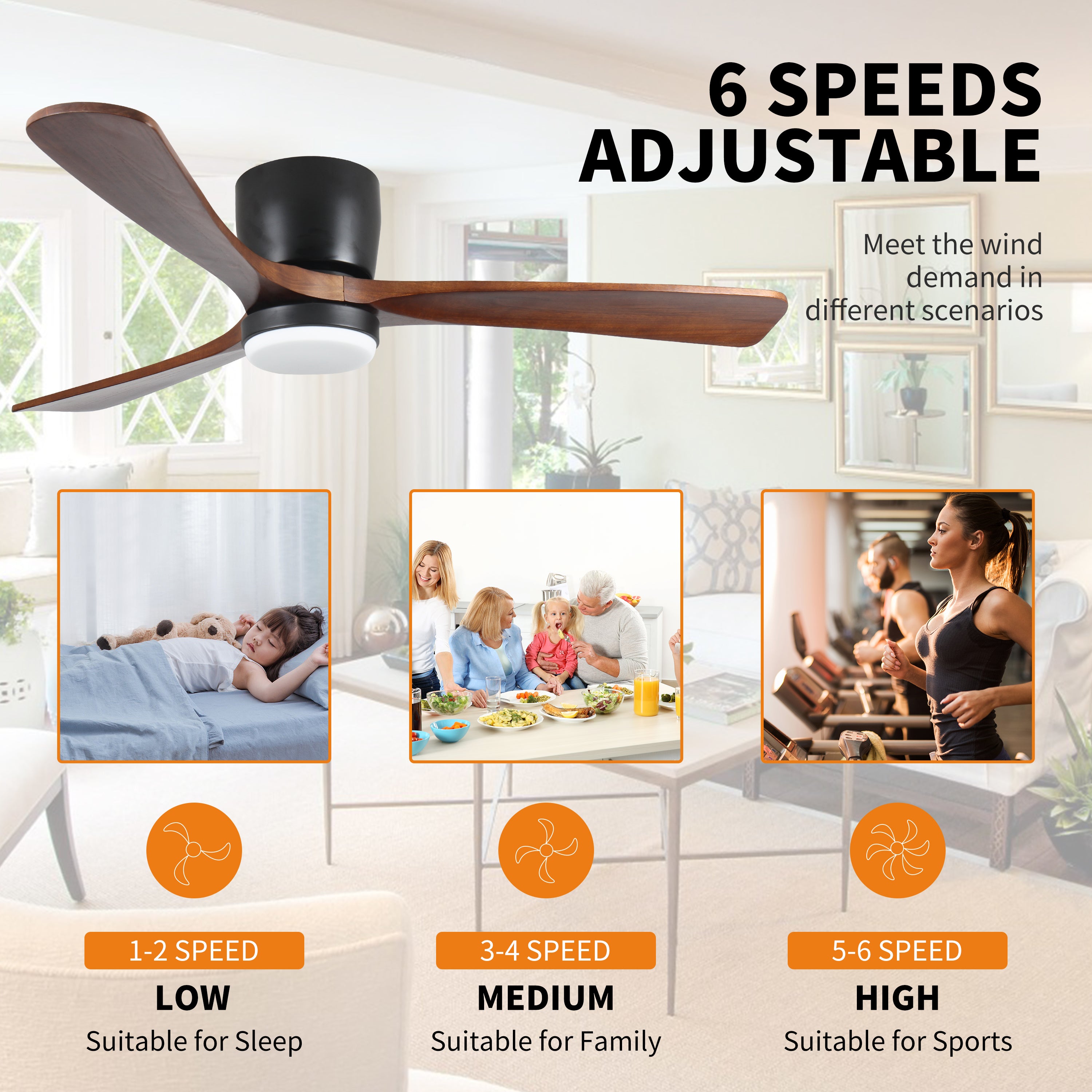 42 inch Black Wood Ceiling Fans with Lights, Remote control, 6 Speed