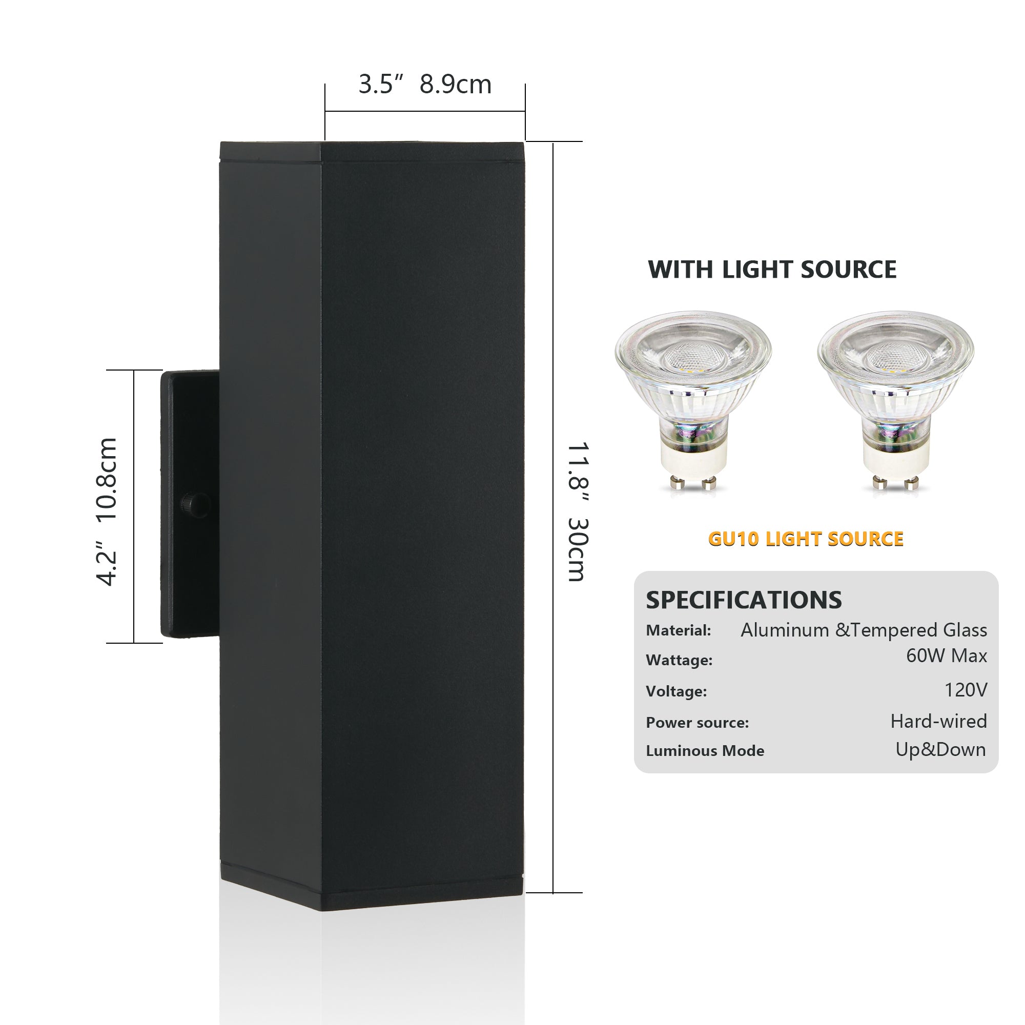 3000K Warm Light Black Aluminum Outdoor Wall Sconce 2-Pack