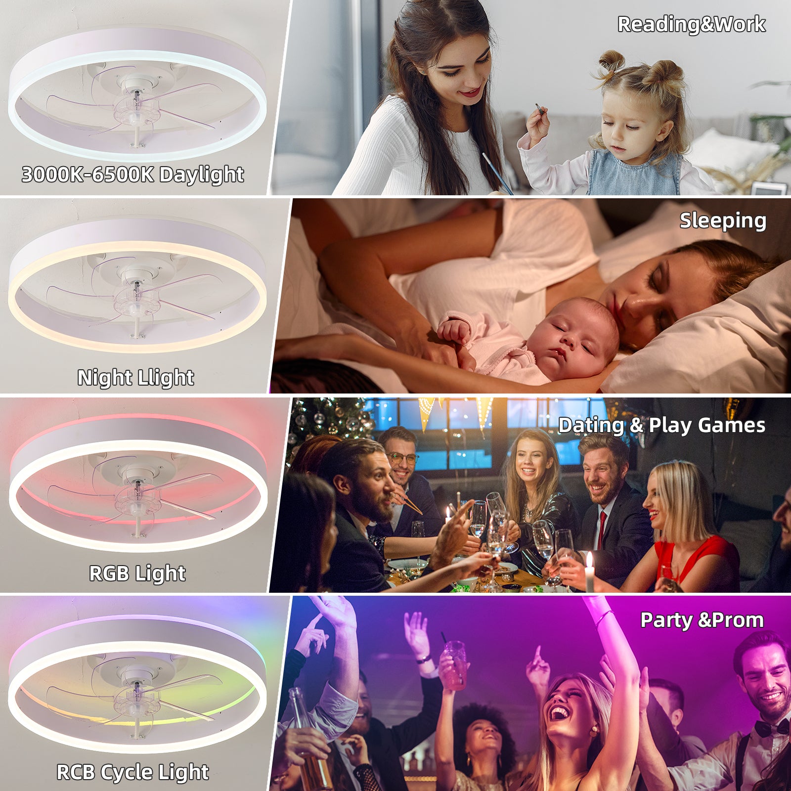 19.7" RGB Ceiling Fan with Light - 6-Speed Reversible Smart Fan with Remote Control