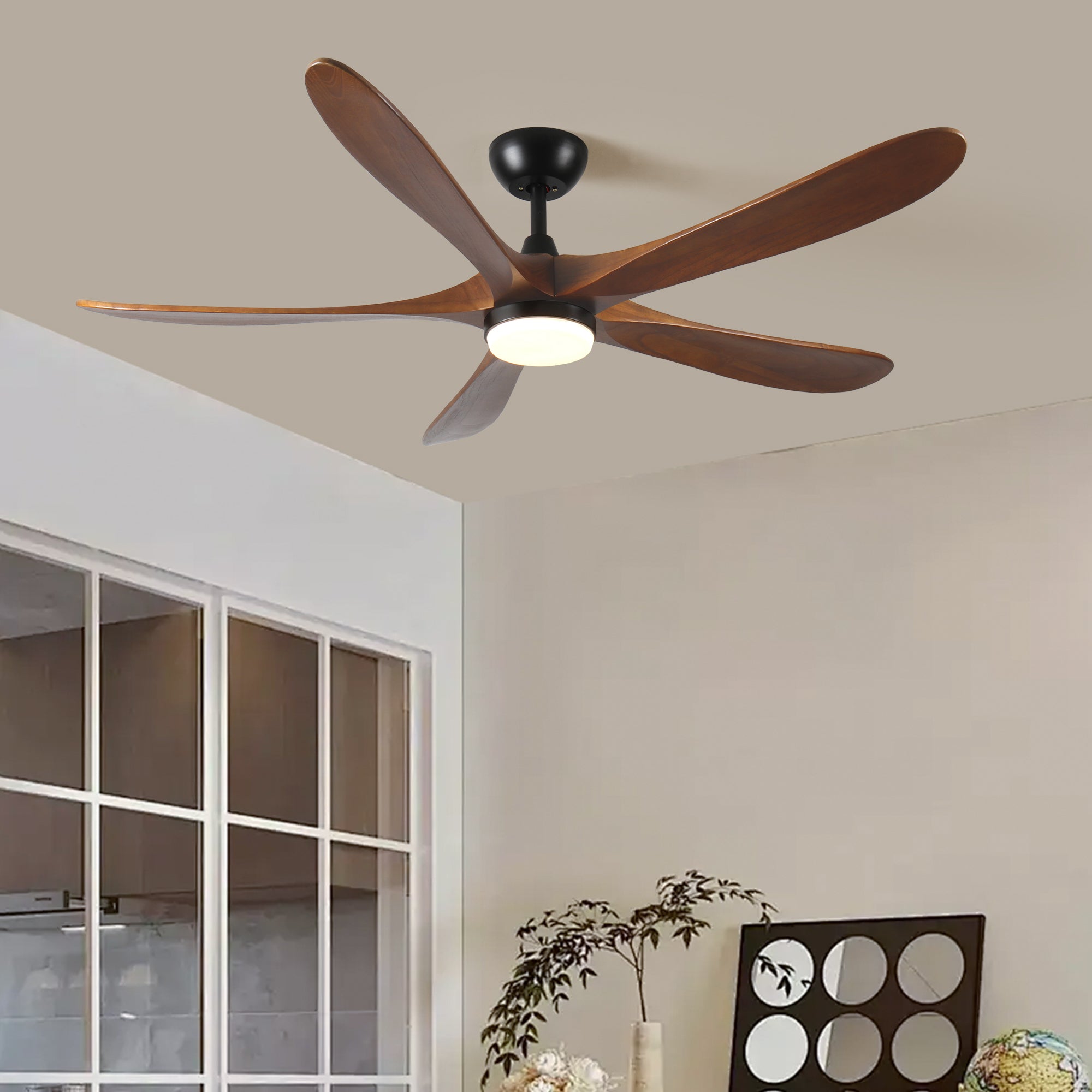 5 blade Walnut Solid Wood 52 inch Ceiling Fan Light Energy-efficient DC motor