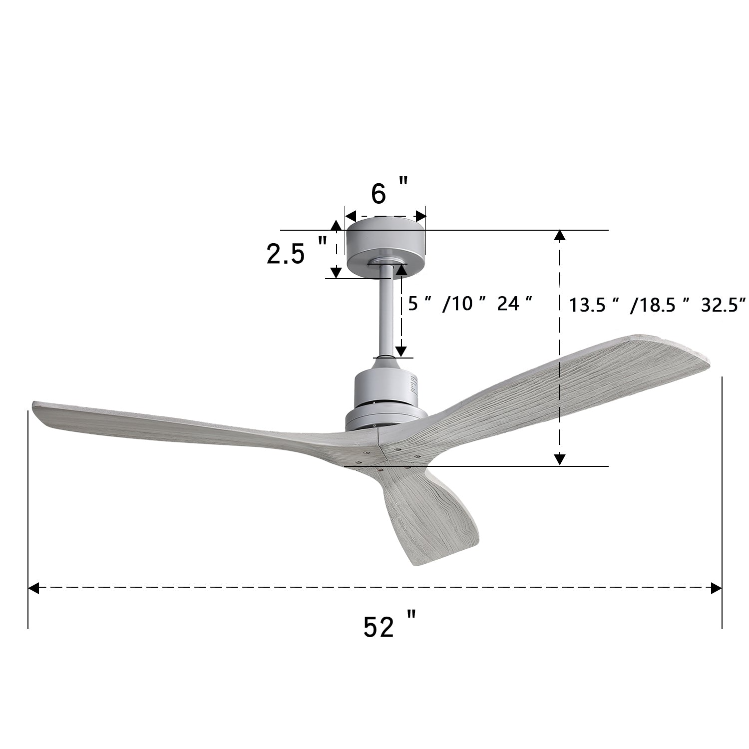 52" Ceiling Fan No Light, with Remote Control Solid Wood Fan Blade Reversible Dc Motor For Bedroom