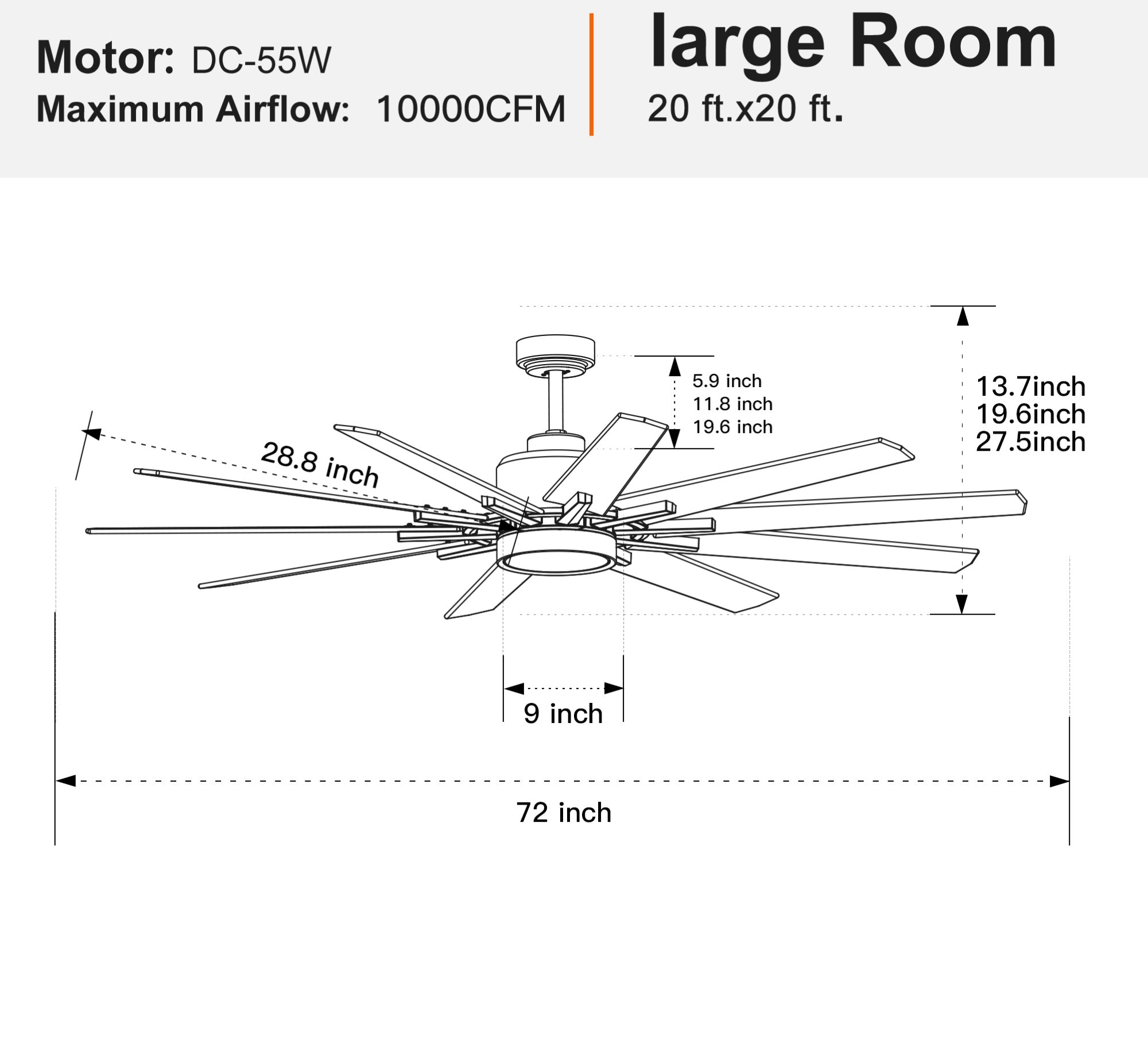 72 Inches Ceiling Fan LED Large Black Double Finish Remote Control