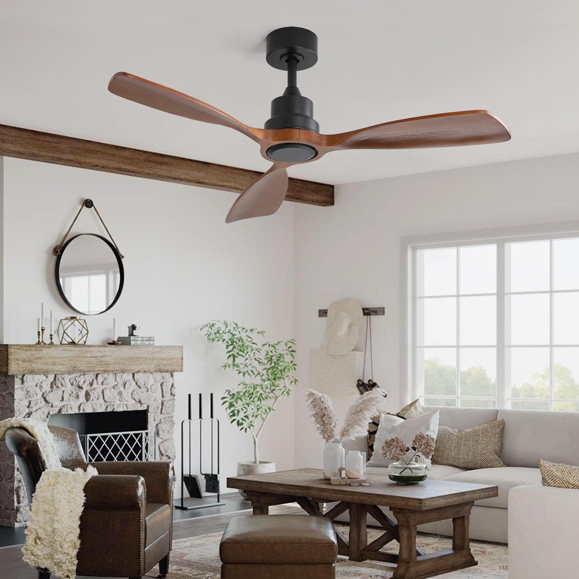48 Inch Ceiling Fan Without Light - 6 Speed DC Motor with Solid Wood Blades for Indoor Outdoor Use