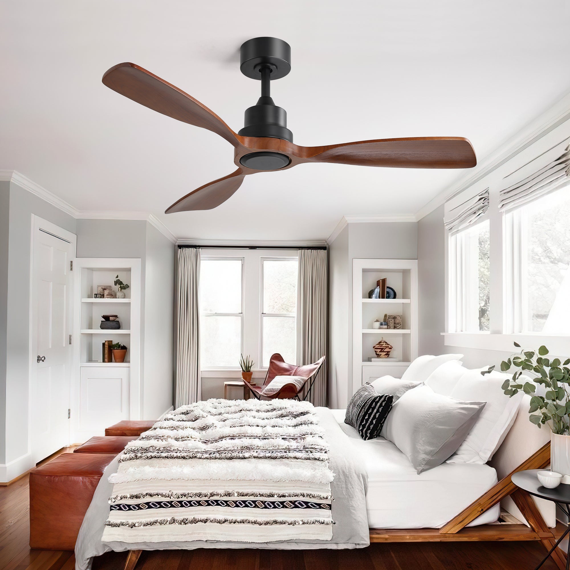 48 Inch Ceiling Fan Without Light - 6 Speed DC Motor with Solid Wood Blades for Indoor Outdoor Use
