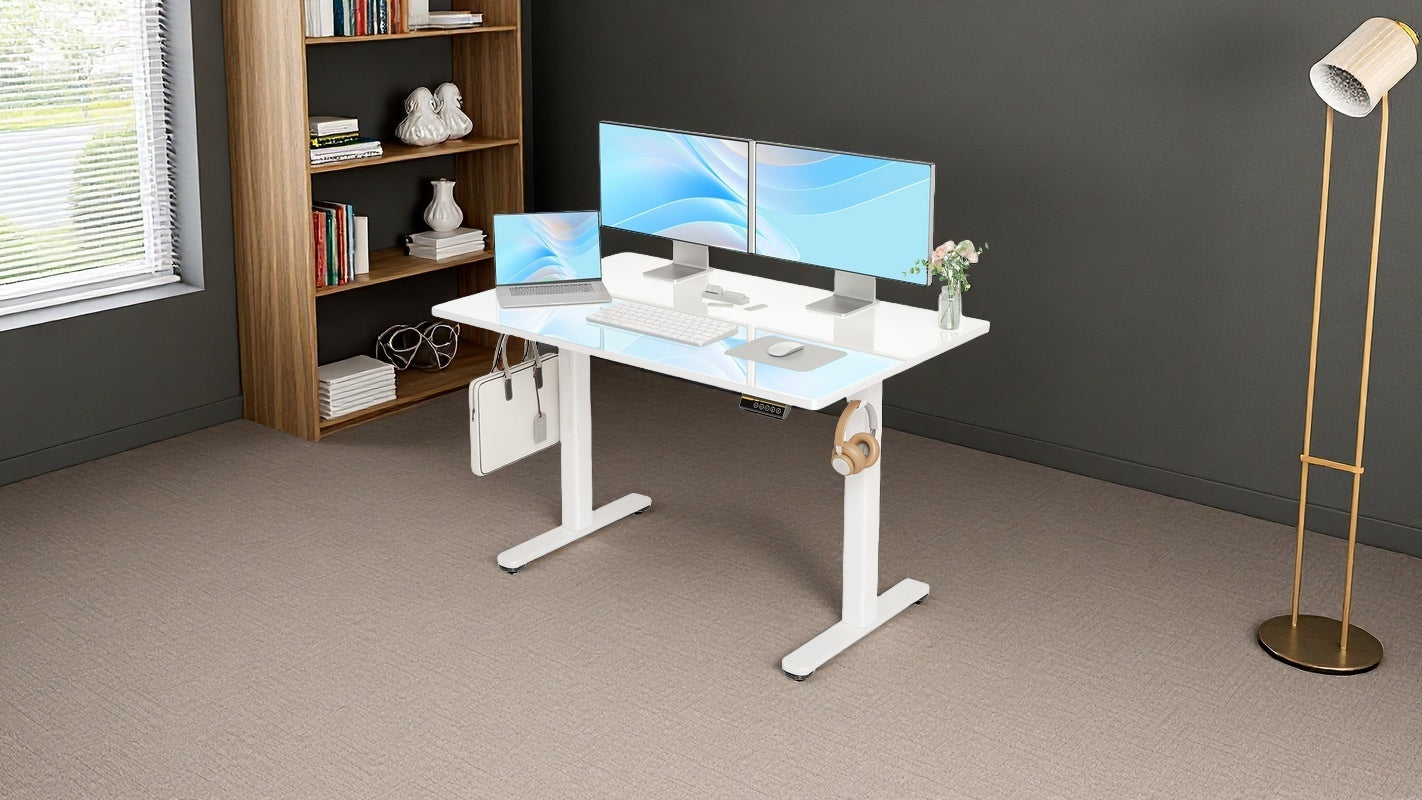 48" Electric Standing Desk with White Glass Top - Quick Assembly, Height Adjustable, T-Shape Base