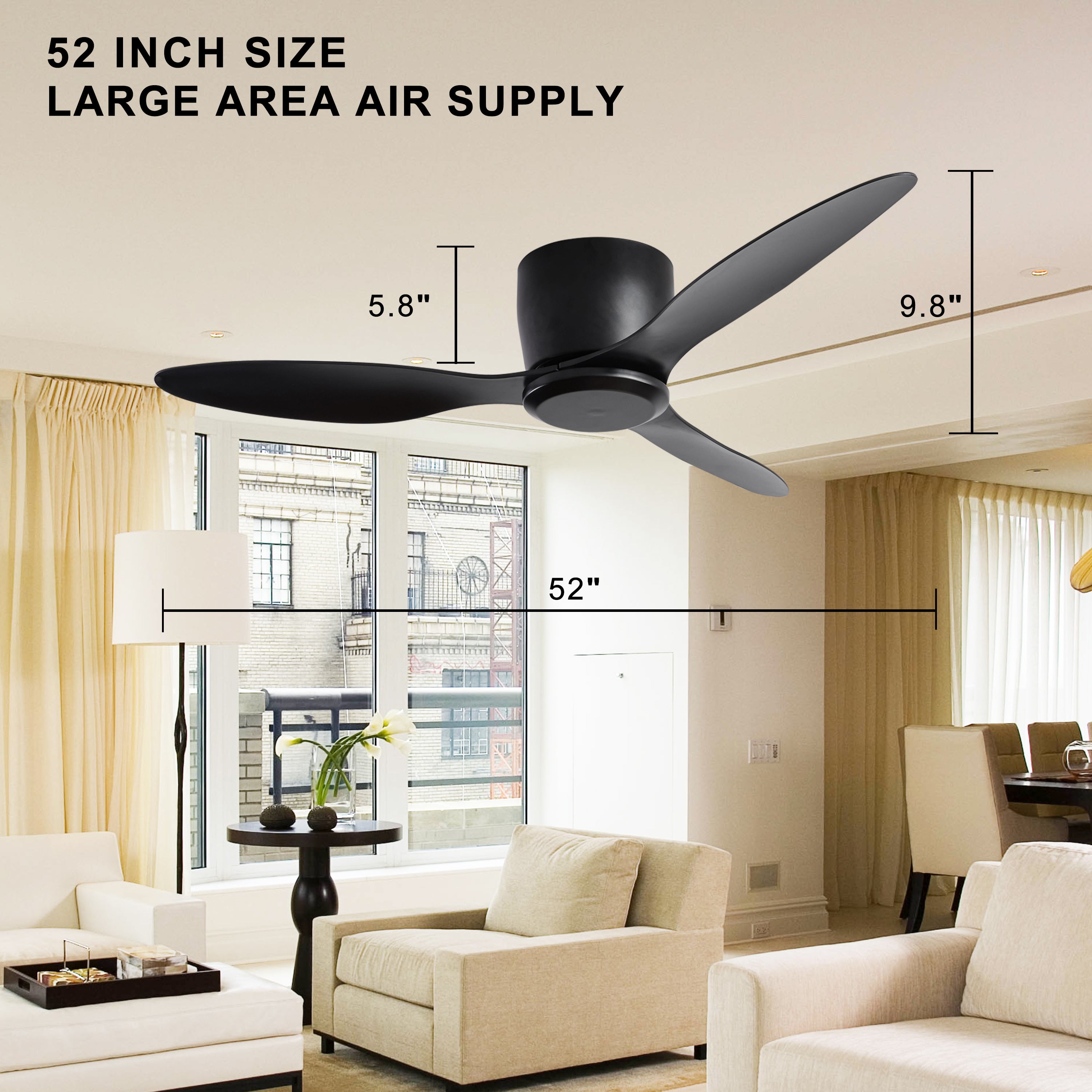 52" Flush Mount Low Profile Ceiling Fan without light, 3 Reversible Blades, 6 Speeds Reversible DC Motor