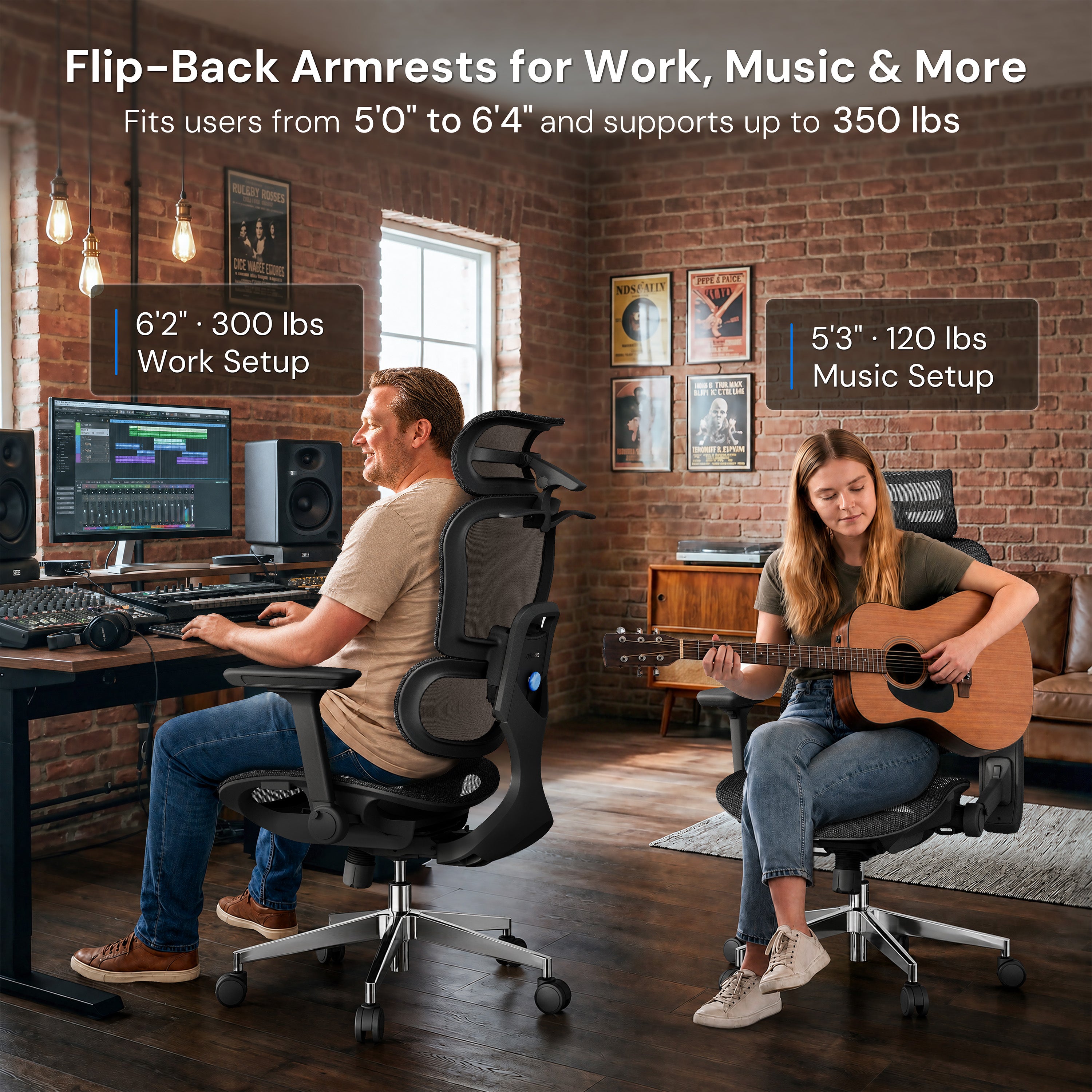 Flip-Back armrests for work and music setups, shown in a home office environment with a man working on a computer and a woman playing guitar. The image includes text overlays detailing the ergonomic support and weight capacity.
