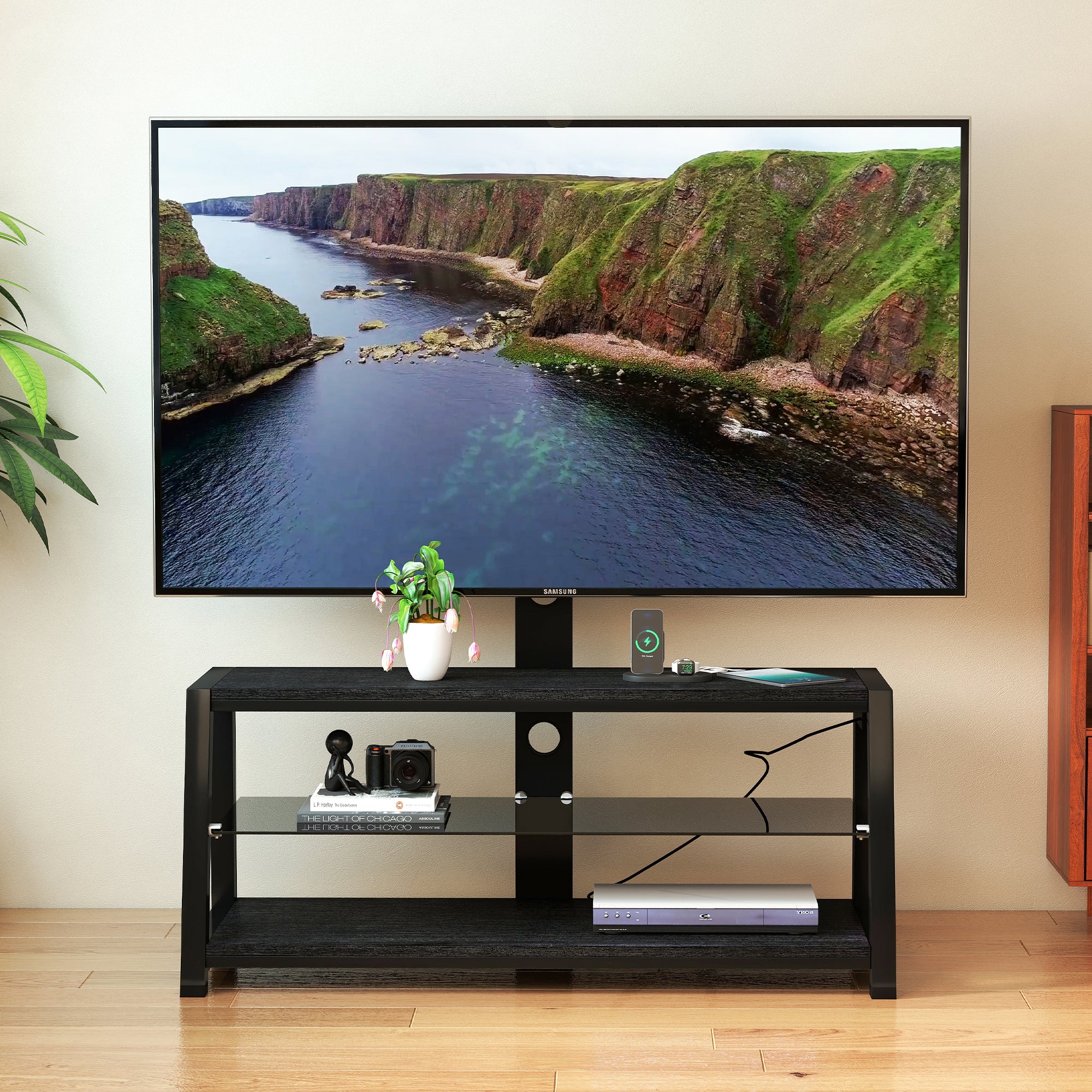 Premium 3-Tier MDF & Tempered Glass 65' TV Stand with Swivel Mount – Heavy-Duty & Versatile