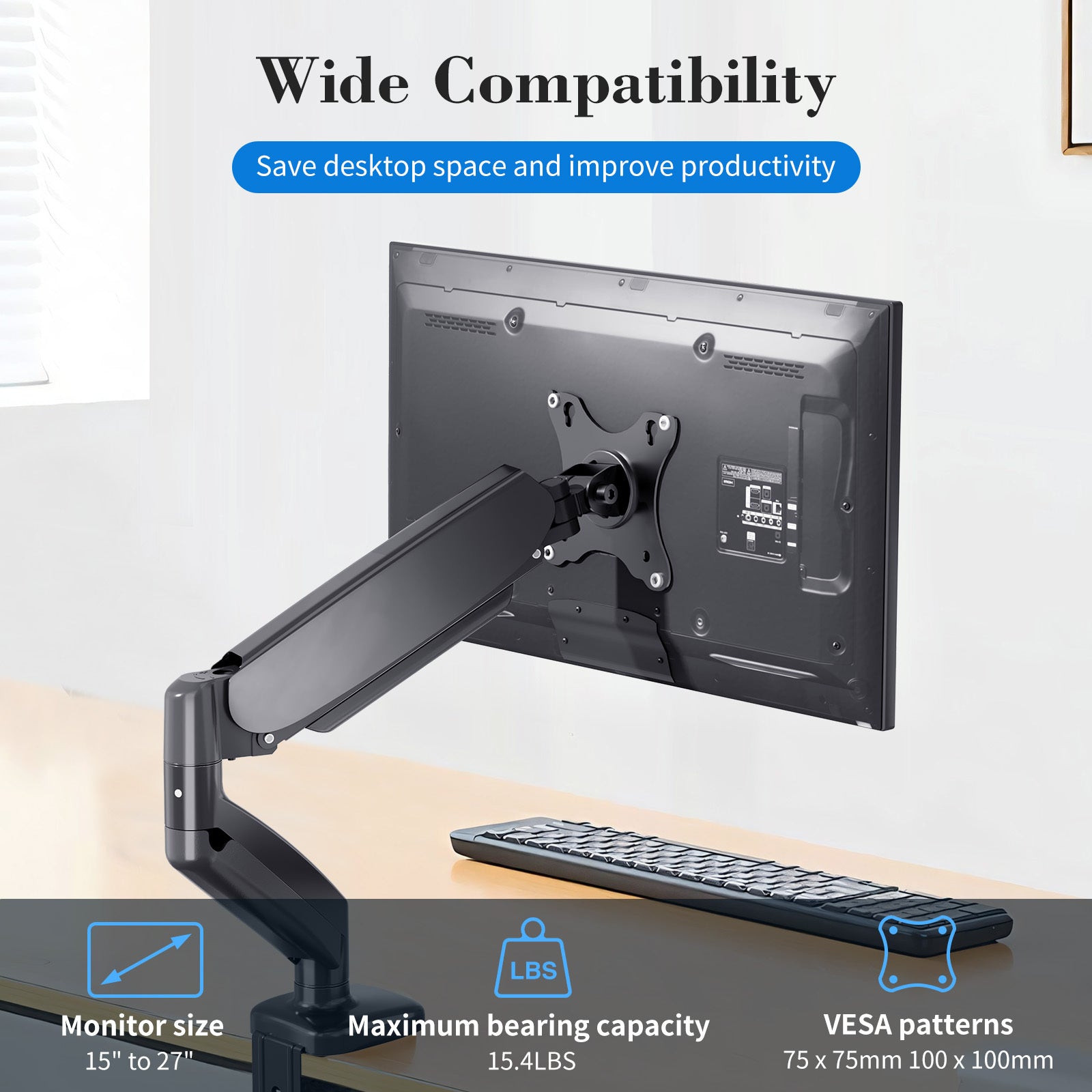 15-27 inch monitors arm with weight capacities up to 15.4 pounds