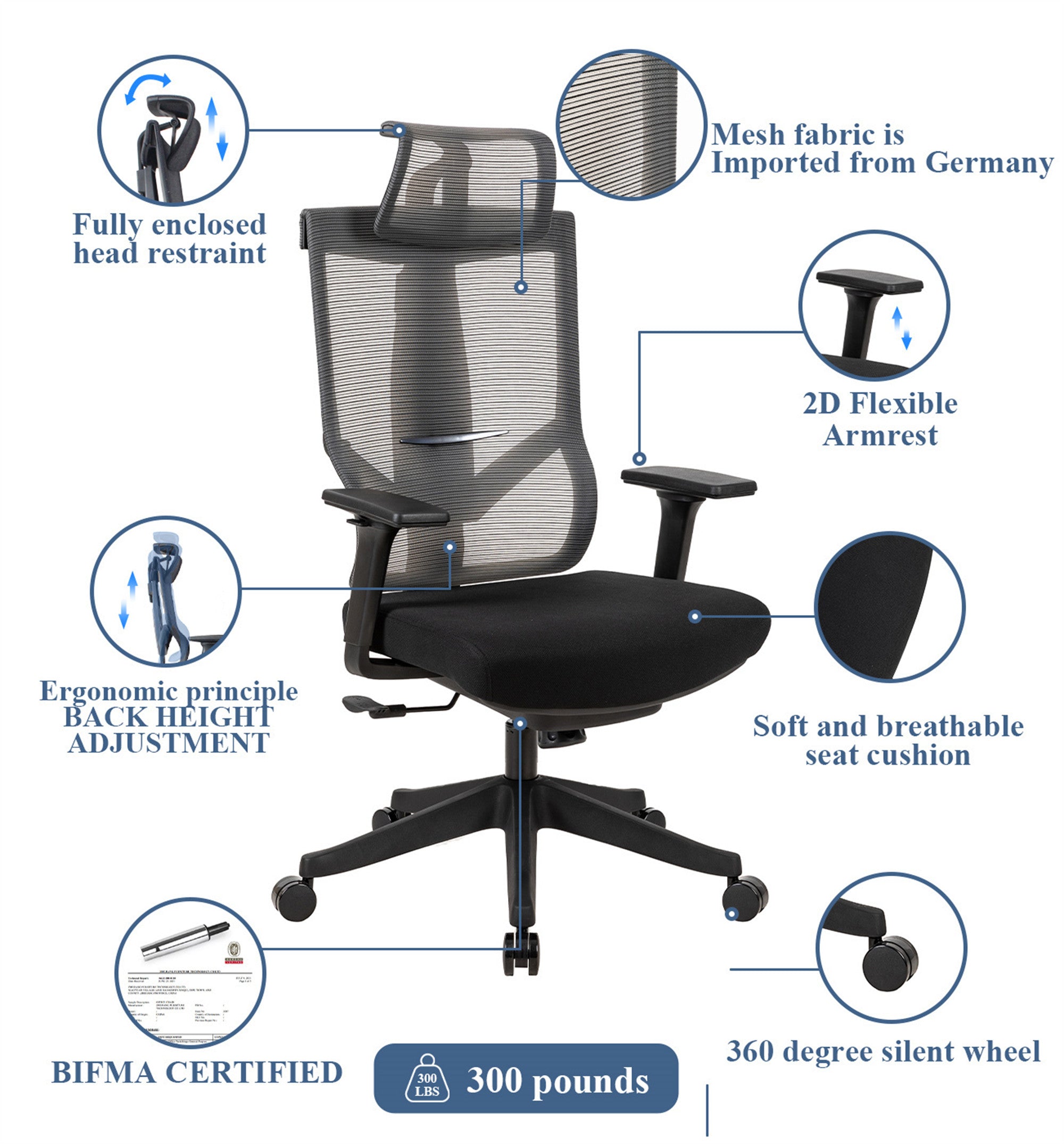 300lbs Ergonomic office chair with headrest and 2D armrest