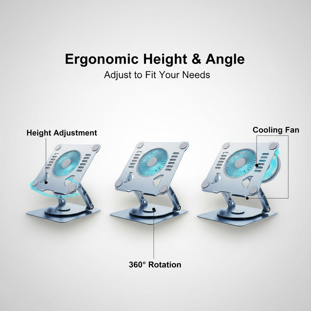 360° Rotating Laptop Stand with Cooling Fan - Adjustable Ergonomic Height, Foldable for 17" Laptops & Tablets