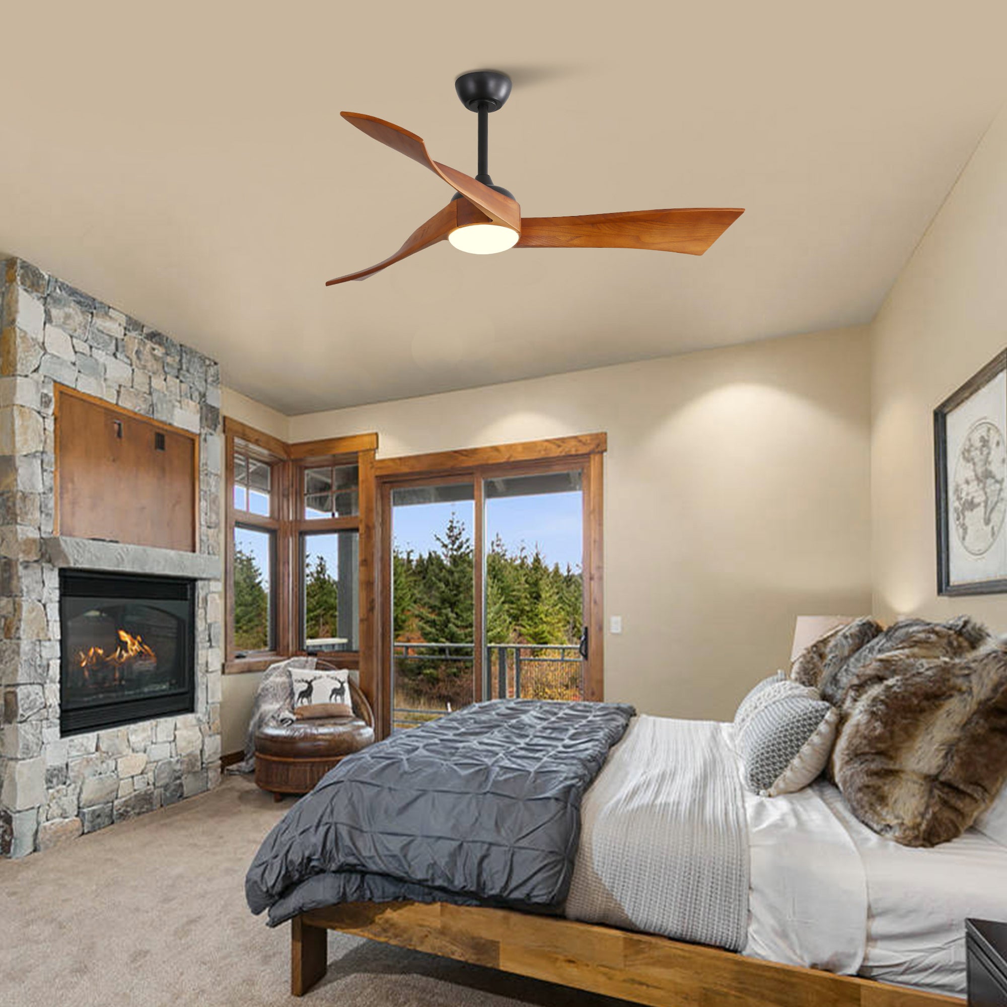 52 Inch Ceiling Fan With Dimmable 3 Color Led Light Reversible DC Motor For 150-320 sq.ft