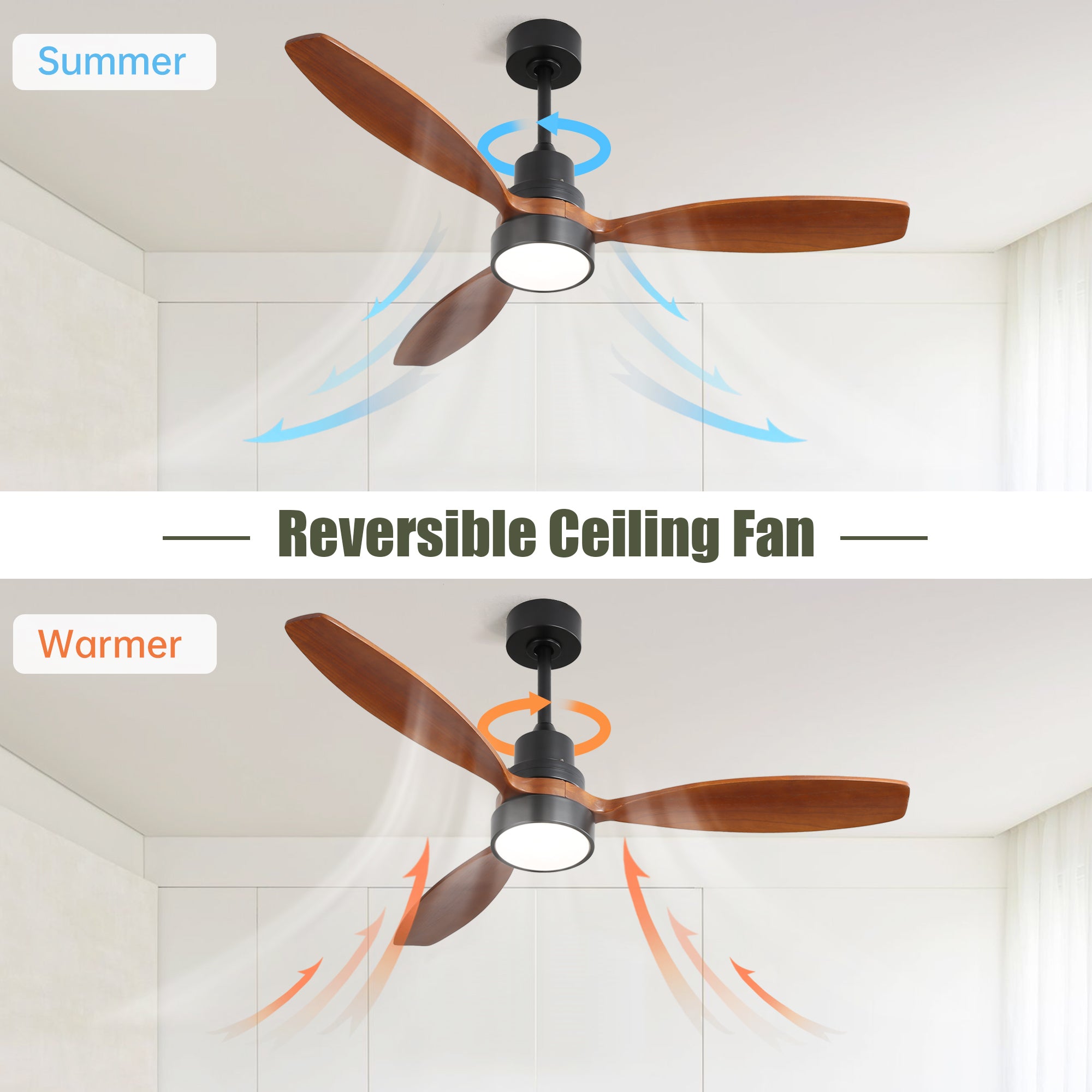 52 Inch Wooden Ceiling Fan With 3 Solid Wood Blades Remote Control