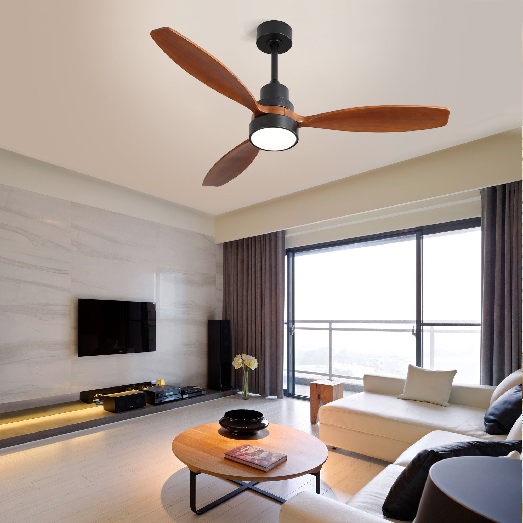 52 Inch Wooden Ceiling Fan With 3 Solid Wood Blades Remote Control