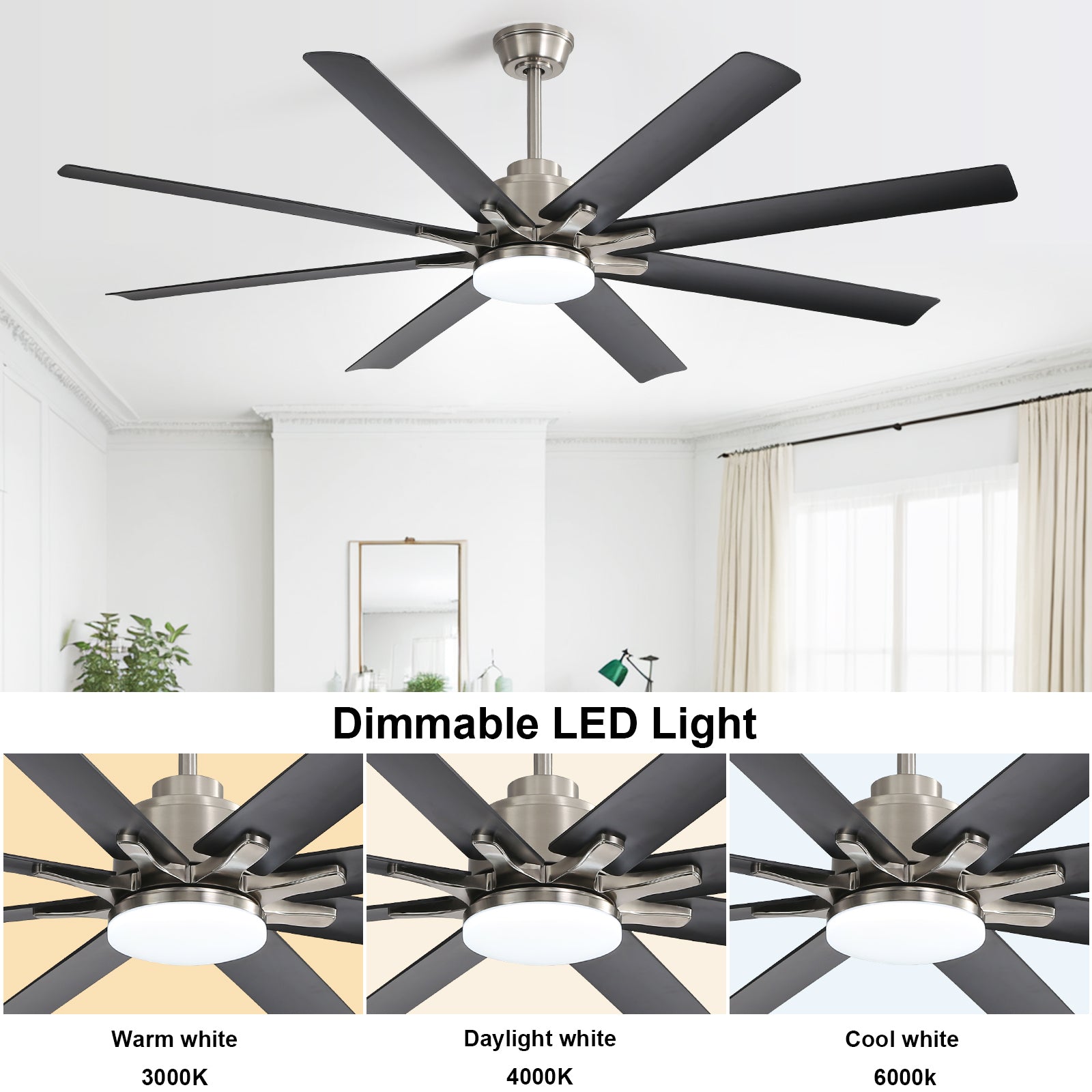 66" Nickel Large Ceiling Fan DC Motor with Remote 3CCT