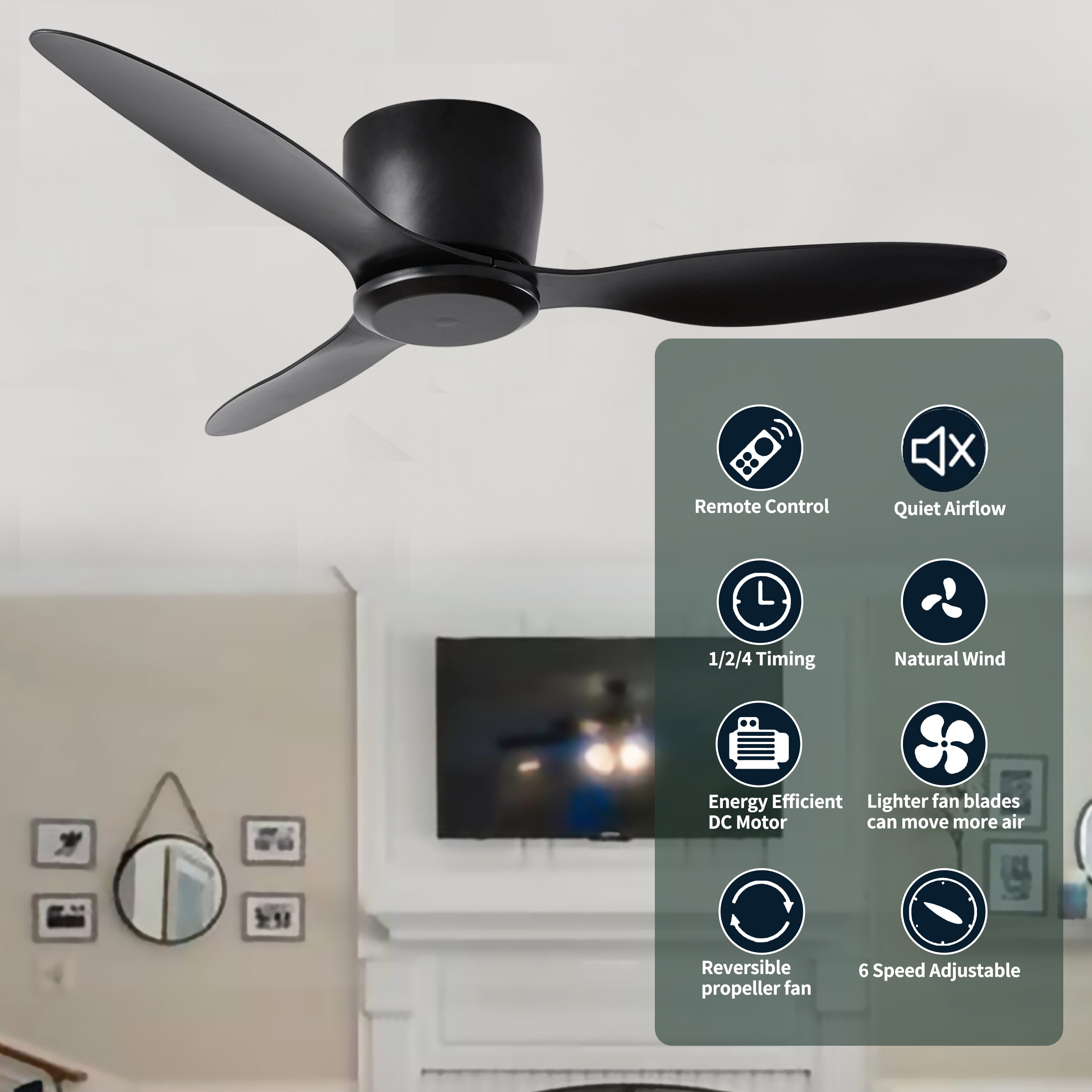 52" Flush Mount Low Profile Ceiling Fan without light, 3 Reversible Blades, 6 Speeds Reversible DC Motor