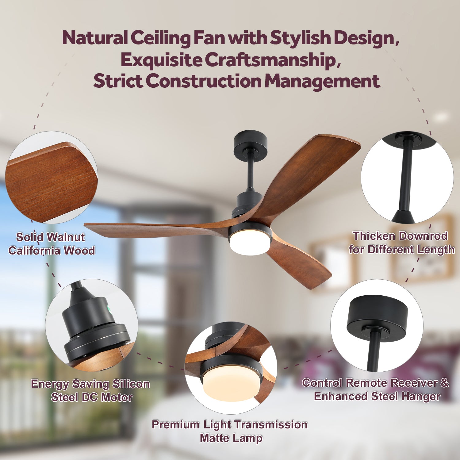 52 Zoll Deckenventilator mit LED Beleuchtung, 6 Geschwindigkeitsstufen, Fernbedienung, DC-Motor