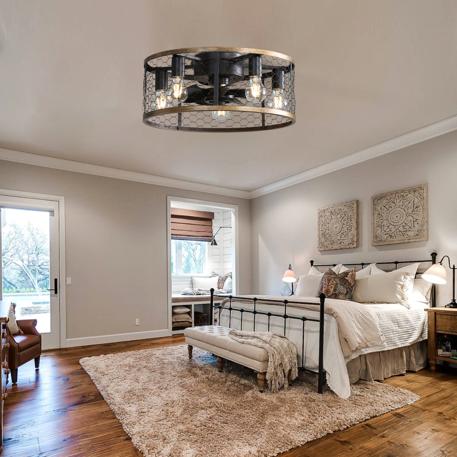 20 Inch Caged Ceiling Fan with Light and Remote - Low Profile Farmhouse Industrial Fan