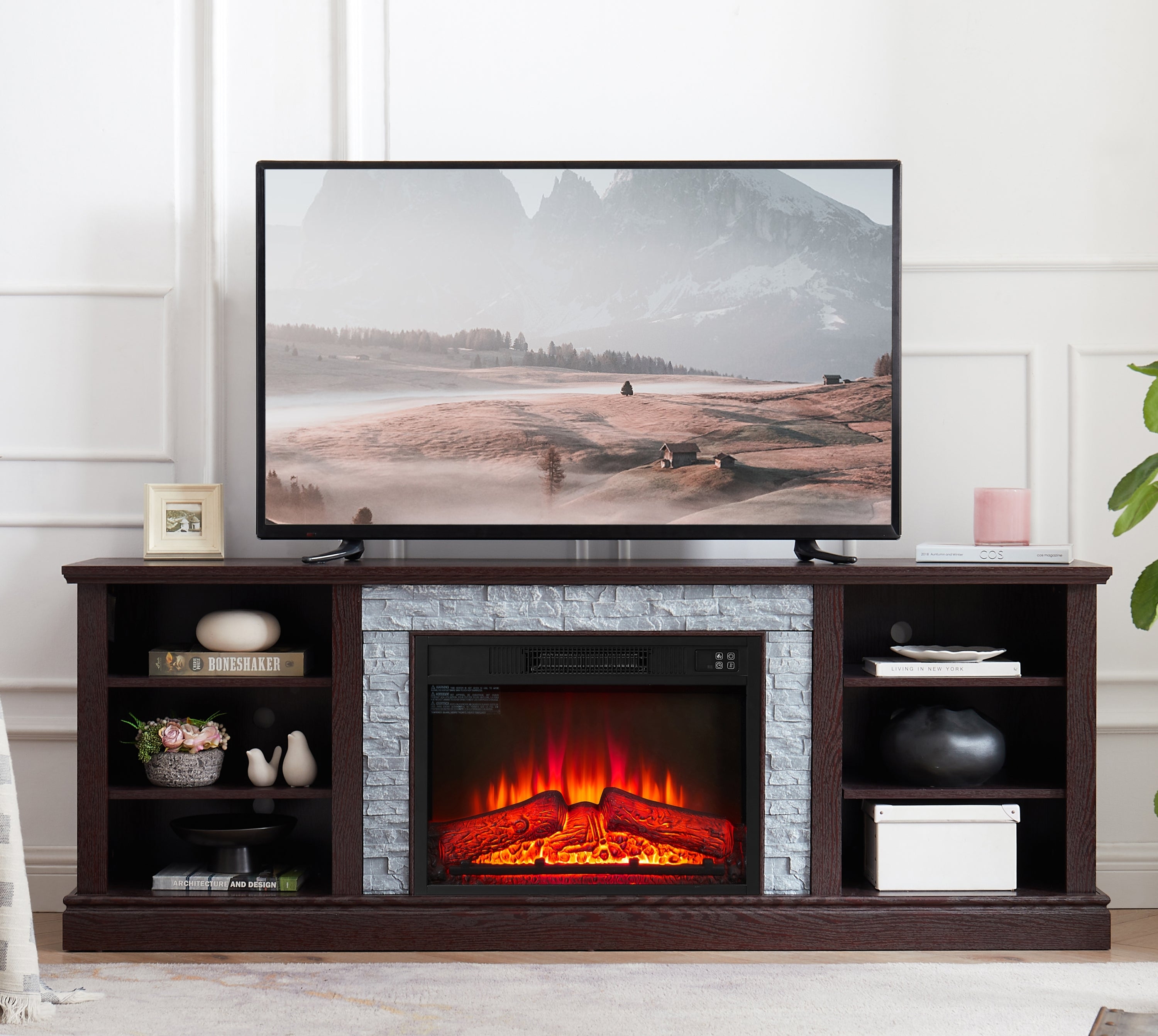 75" Large TV Media Stand with 23" Fireplace Insert